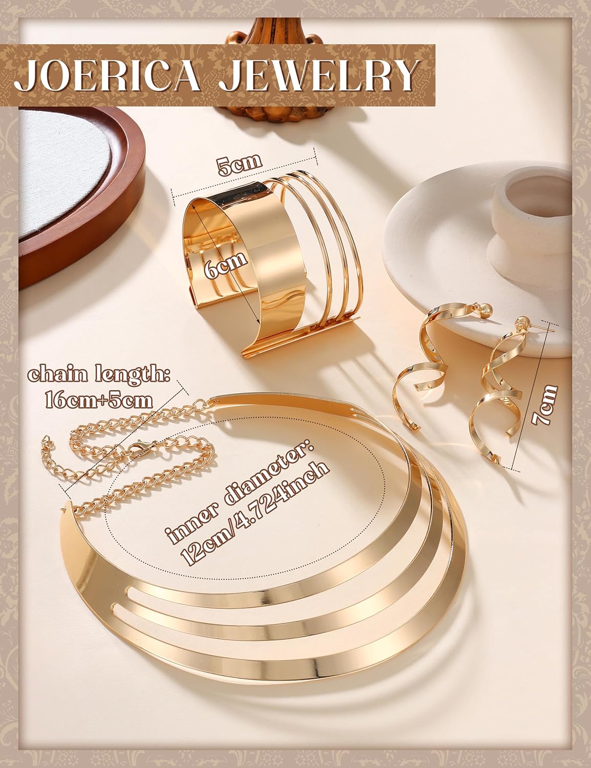 JOERICA Bib Choker Necklace Set for Women Wide Cuff Bangle Bracelets Long Statement Dangle Earrings African Costume Jewelry Set - Image 3