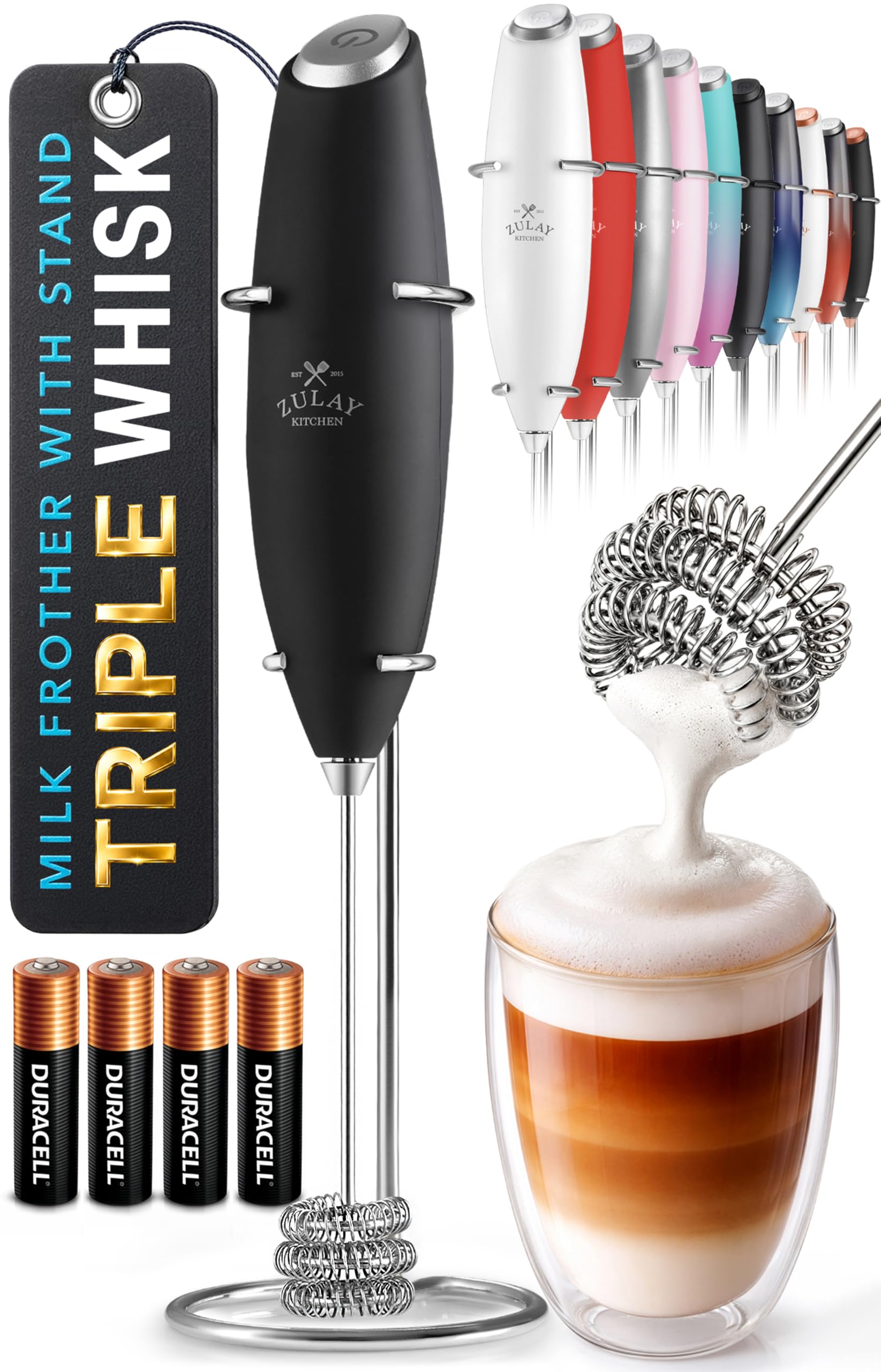 Zulay Kitchen Powerful Milk Frother Wand With Duracell Batteries - Ultra Fast Handheld Drink Mixer - Electric Whisk Foam Maker for Coffee, Lattes, Cappuccino &amp; Matcha - Triple Whisk - Quartz Obsidian