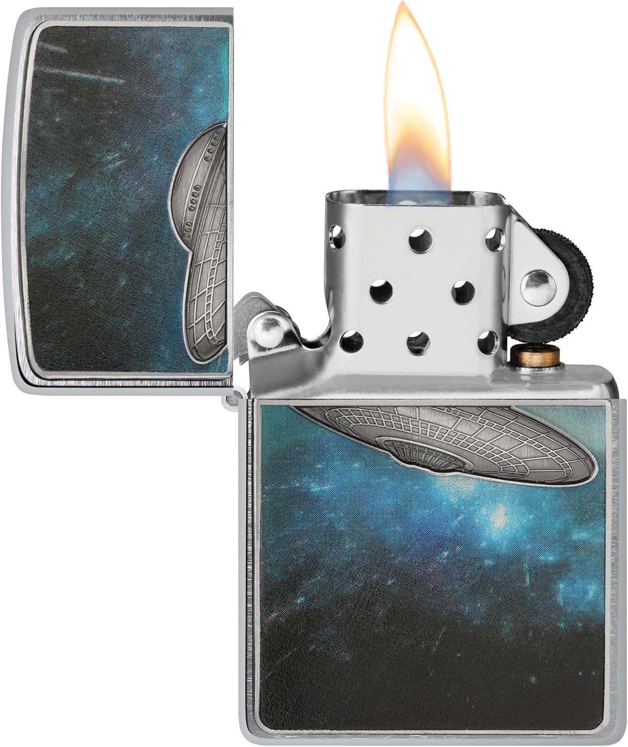 Zippo Windproof Lighter, UFO in Galaxy, Brushed Chrome, Emblem, Refillable, Reusable, Windproof Design, Gift Box, Made in USA