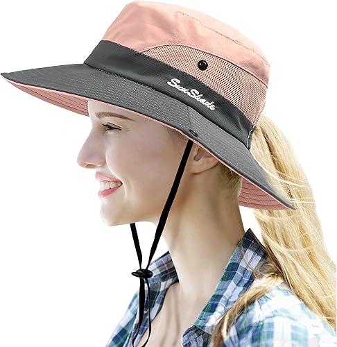 Sombrero de sol para mujer con agujero para cola de caballo sombrero de sombra con protección UV malla plegable ala ancha sombrero de pesca para