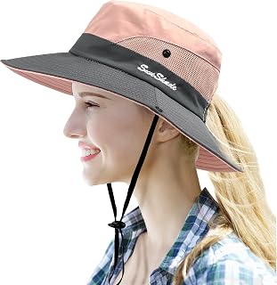 Women's Sun Hat with Ponytail Hole Sun Shade Hat UV Protection Foldable Mesh Wide Brim Beach Fishing Hat for Women