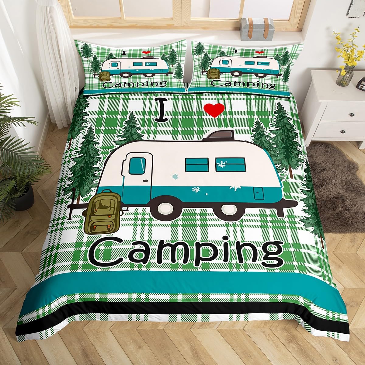 Loussiesd Happy Camping zestaw poszewek na kołdrę w rozmiarze super king size dla dzieci, chłopców, dziewcząt, nastolatków, kampera, kempingu, akcesoria do przyczep podróżnych, zielona poszewka na