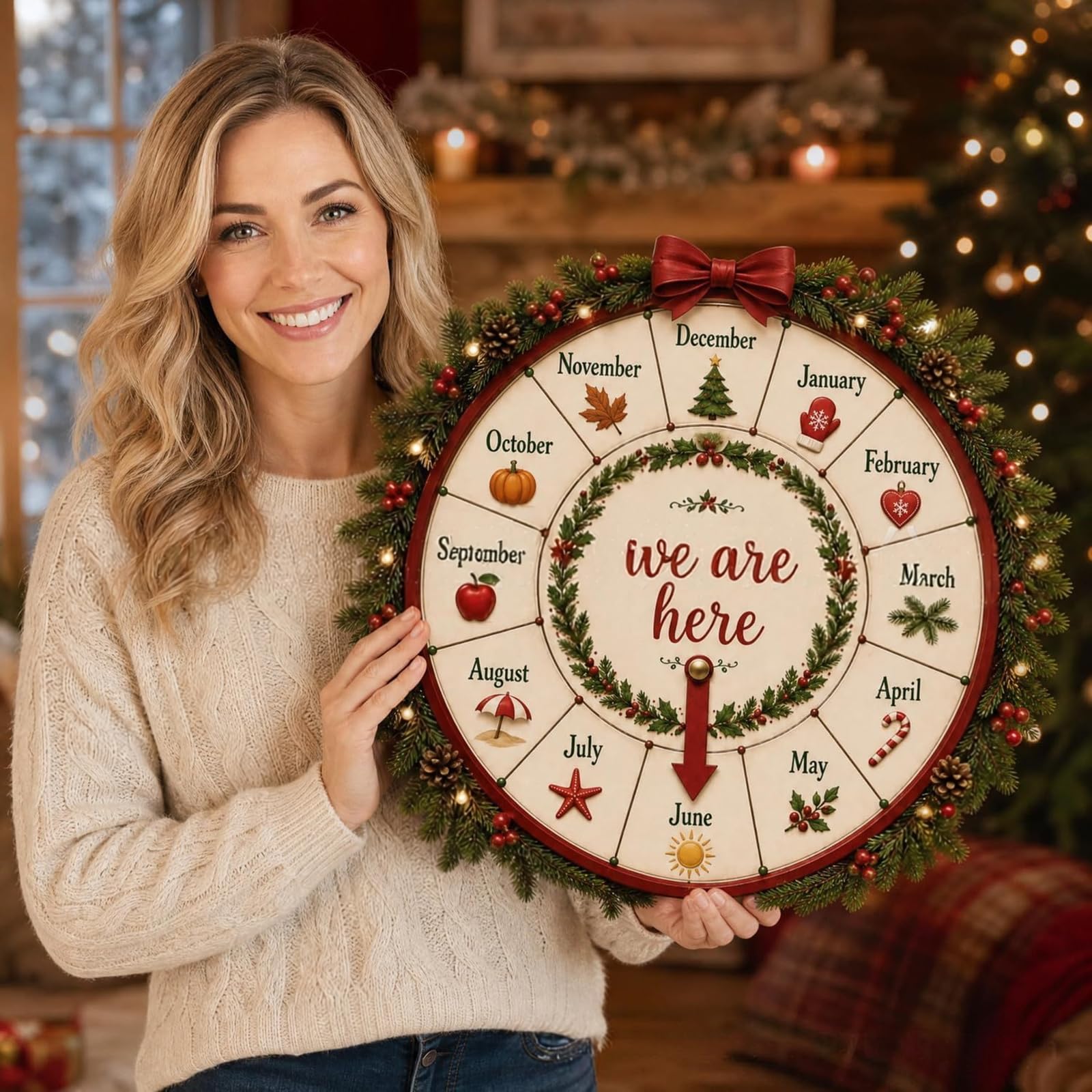 Rueda de cuenta regresiva de madera para decoración de navideña con puntero móvil, acento gráfico navideño en para estante, repisa, entrada, decoración de rueda de Adviento, cartel de de