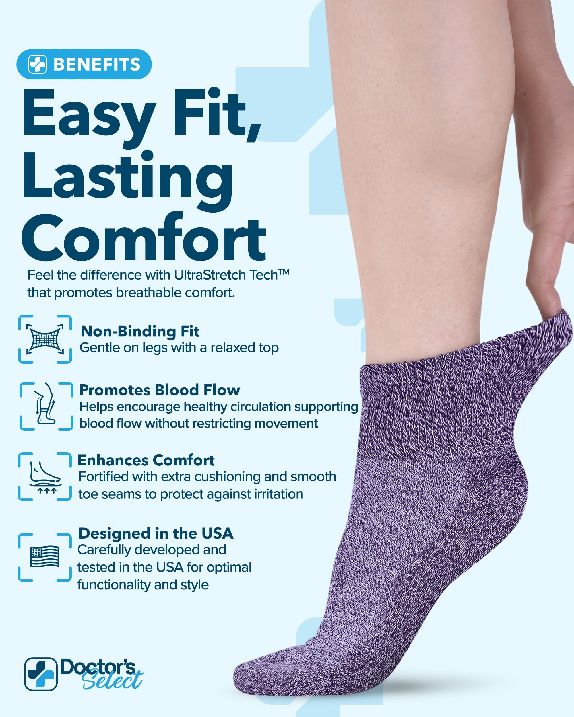 Doctor's Select Calcetines tobilleros para diabéticos para mujeres y hombres, 4 pares, calcetines unisex para adultos, Lila/rosa/azul claro/morado - 4 pares, Medium