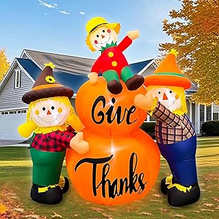 SEASONBLOW 6FT Thanksgiving Inflatables Scarecrow Family Decoration, LED Light Up Autumn Thanksgiving Blow Up 3 Scarecrows with Pumpkins for Celebrate Autumns Fall Harvest Garden Yard Decor