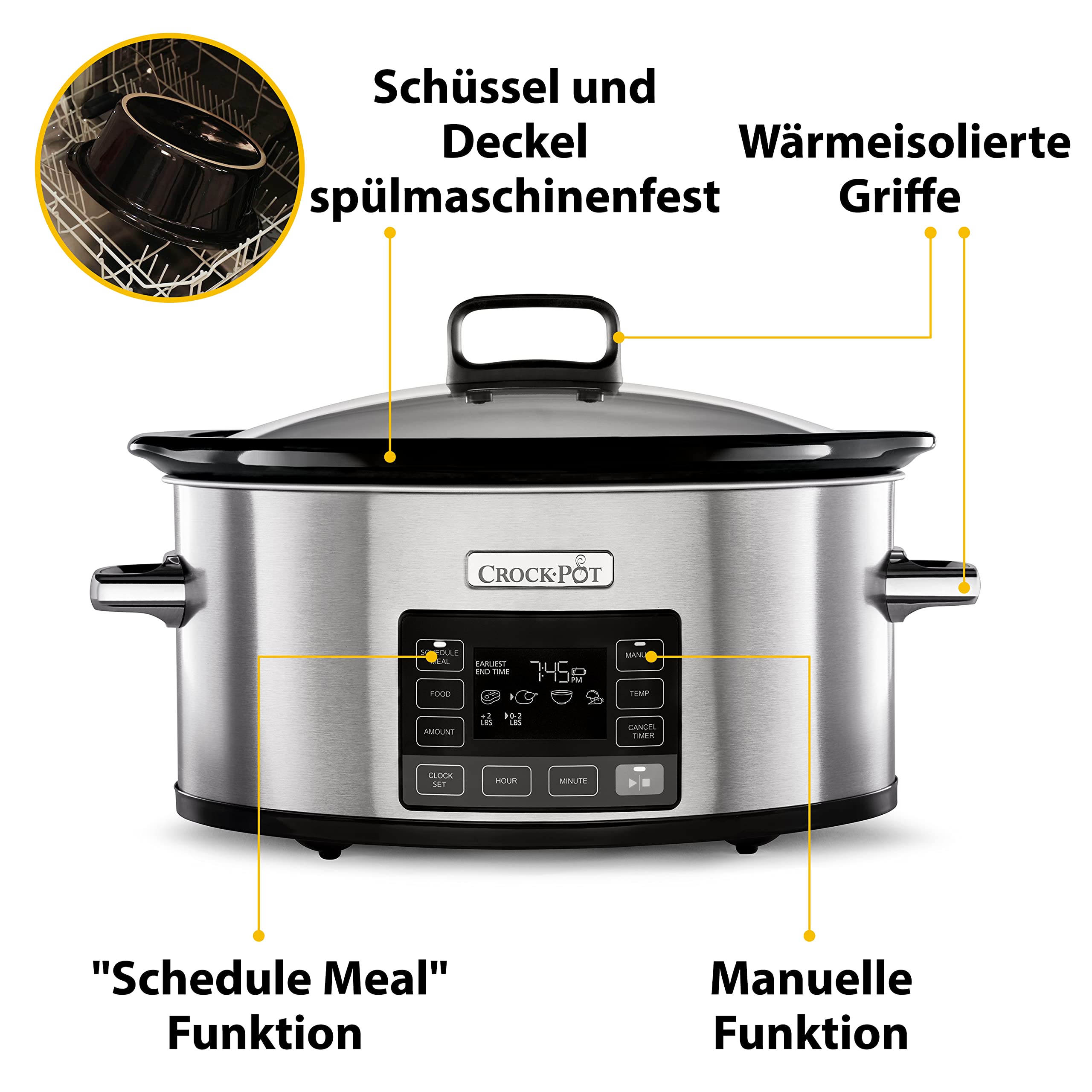 Crockpot TimeSelect digitaler Schongarer | 5,6 l (7+ Personen) | mit programmierbarem Timer und digitaler Anzeige | Warmhaltefunktion | Edelstahl [CSC066X]