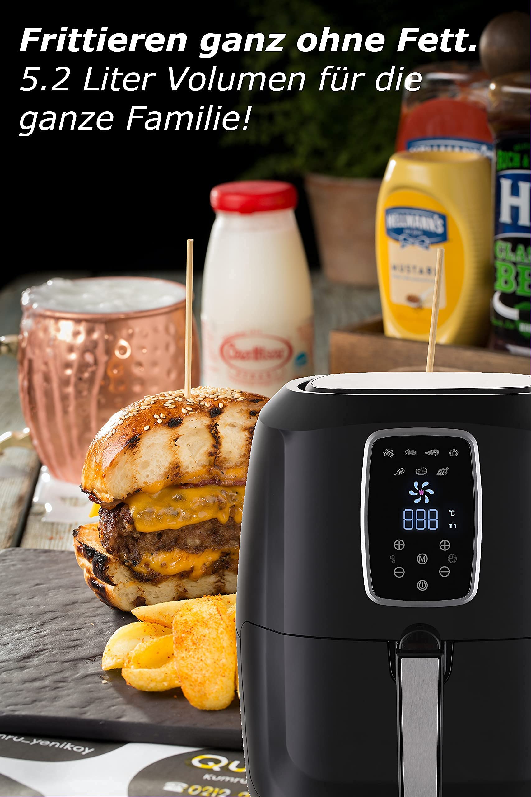 Heißluftfritteuse XXL Premium 5.2L - Airfryer Mit Touch-Bedienfeld, Neueste Technik, 100% knusprig, ohne Fett - Backen, Frittieren, Grillen, Rösten - Spülmaschinenfest - Extrem leise Anwendung