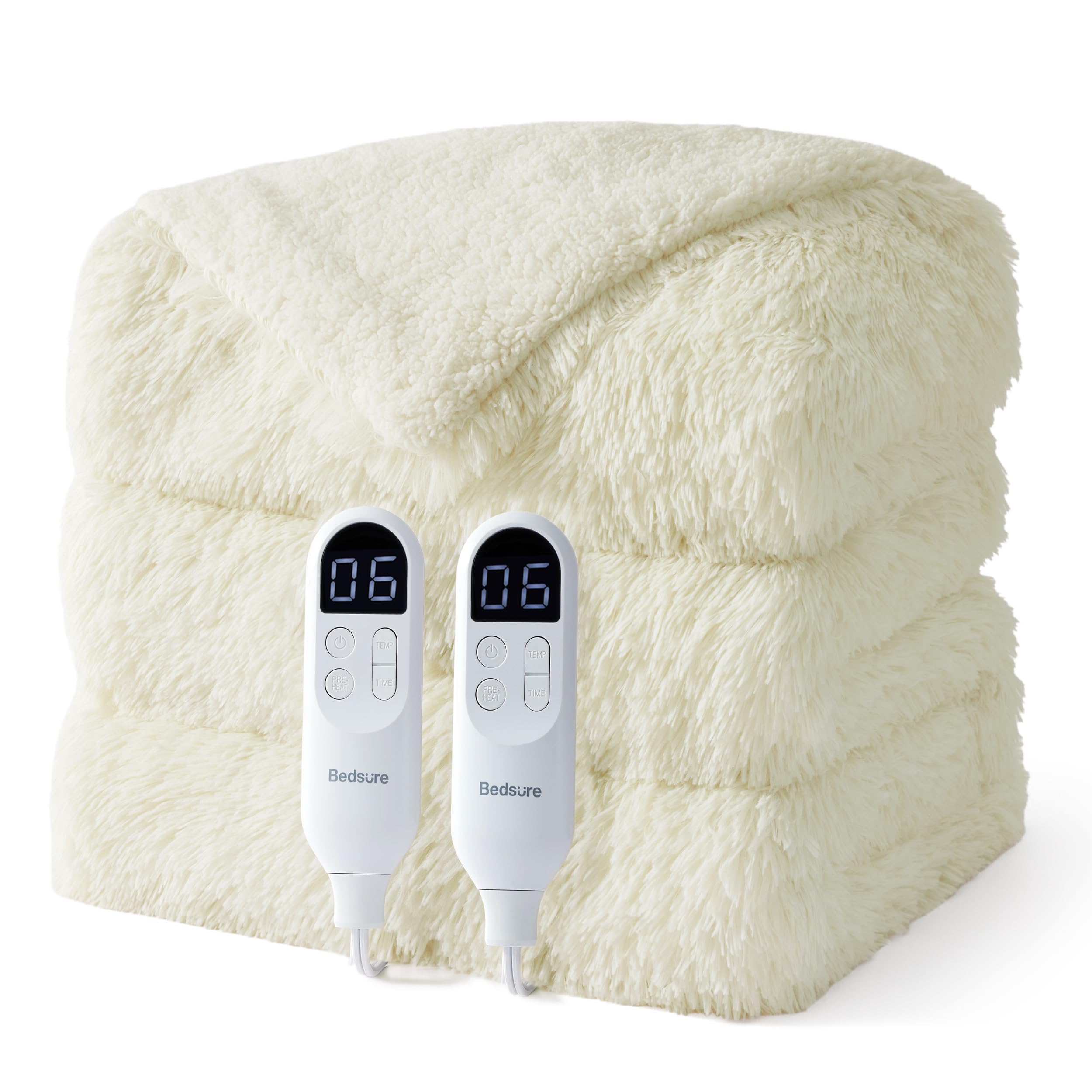 Bedsure Faux Fur Long-Pile Heated Blanket Queen Size, Dual Control, Cream