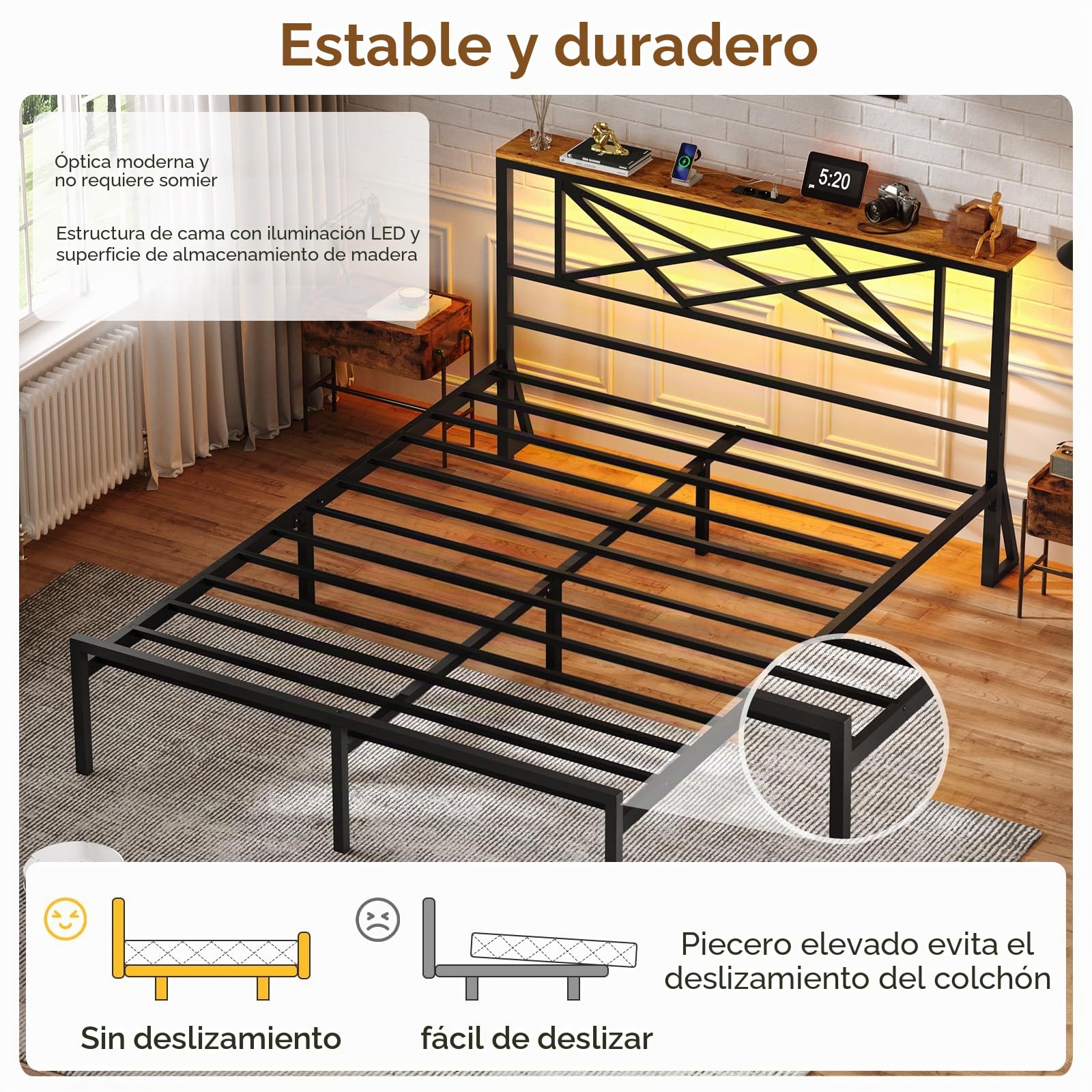 DICTAC Cama de 120 x 200 cm con iluminación LED, estructura de cama de 120 x 200 cm con enchufe y función de carga USB, cama de metal con cabecero de madera, espacio de almacenamiento, marco de cama