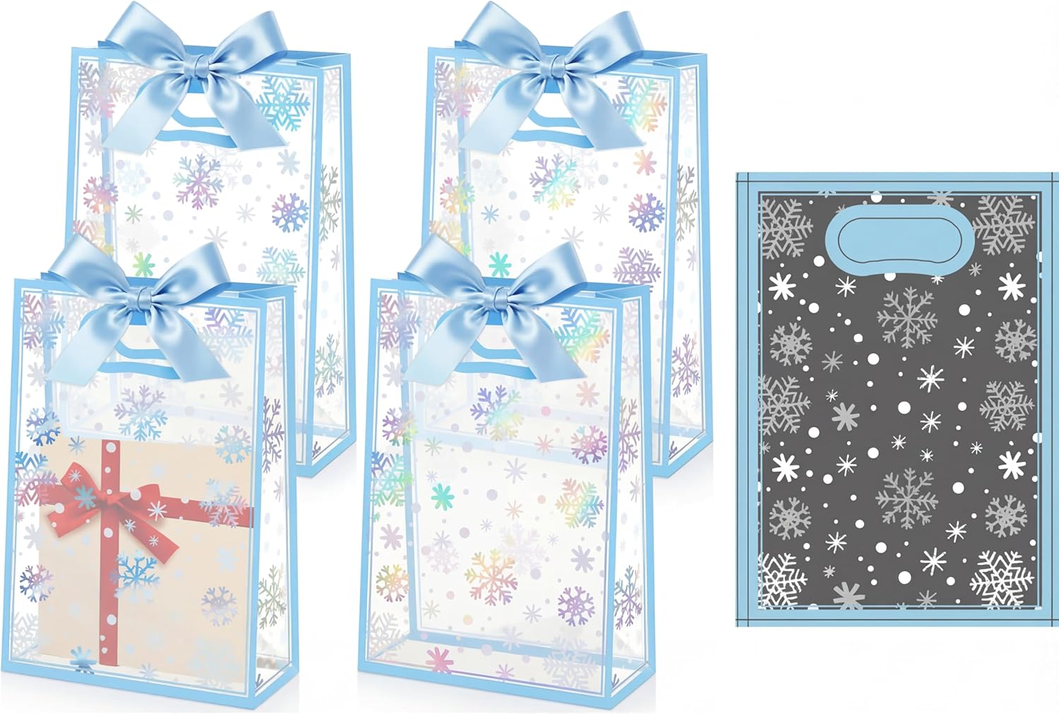 Capoda 24 Pcs Winter Snowflake Gift Bags Snowflake Clear Party Favor Bags with Handles Plastic Reusable Candy Treat Handbags Bulk with Ribbon for Holiday Princess Wonderland Party Decor Supplies