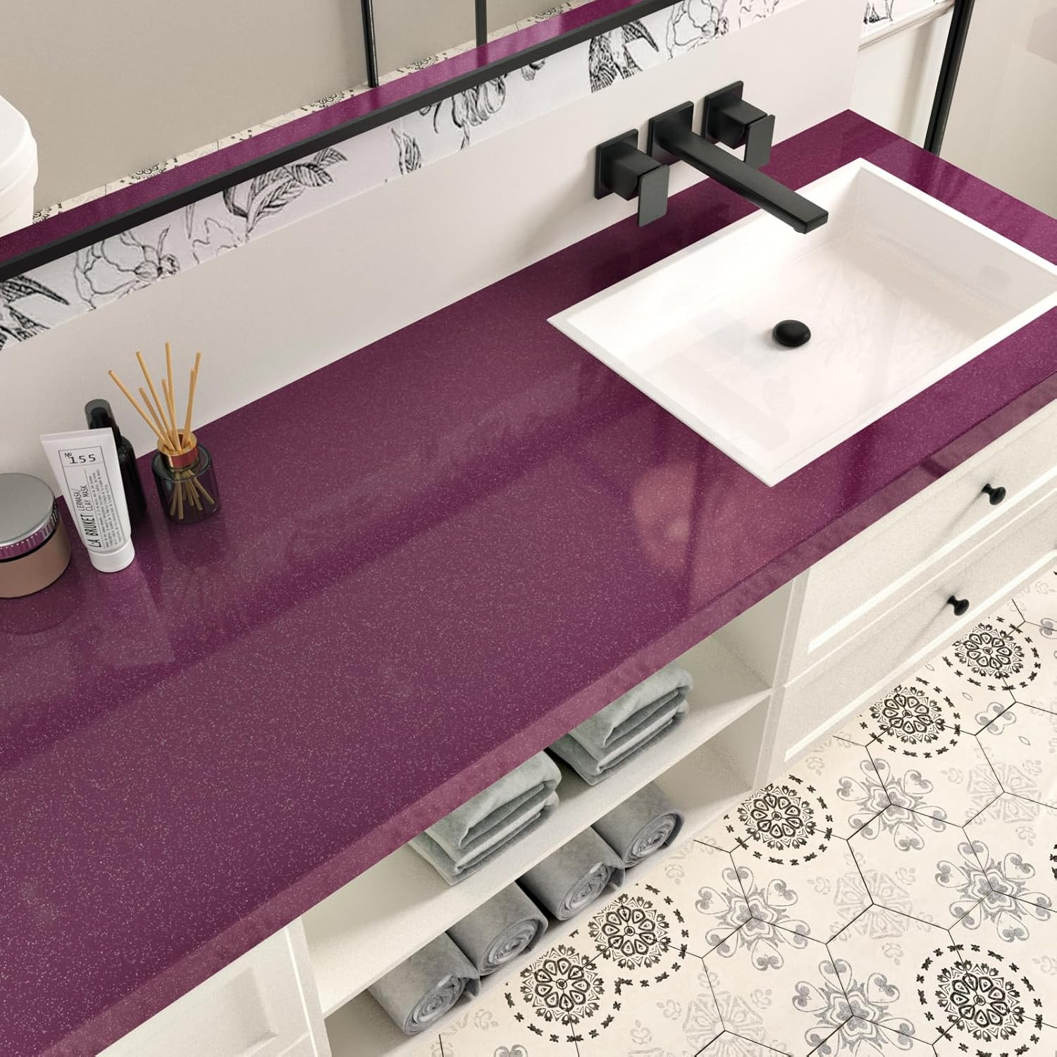 Wallercity Glossy Purple Contact Paper Peel and Stick Wallpaper for Cabinets Kitchen Backsplash 15.8''x118'' Dark Purple Wallpaper Peel and Stick Countertops Vinyl Self Adhesive Glitter Contact Paper