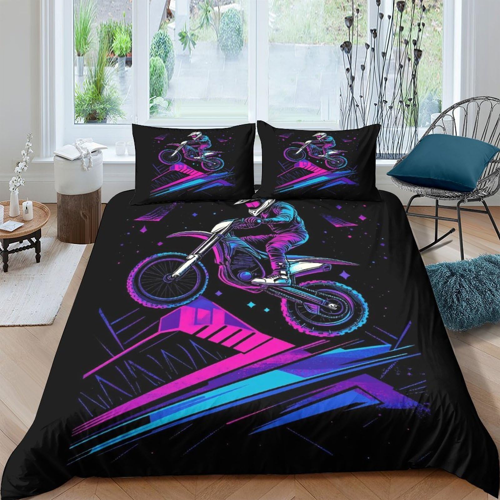 Ctjqhvkz Style-4 3D Printed Neon Motocross Fitted Sheet Microfiber Soft Breathable Urban Bike Bed Cover For Bedroom Dorm Decor Single（135X200cm）