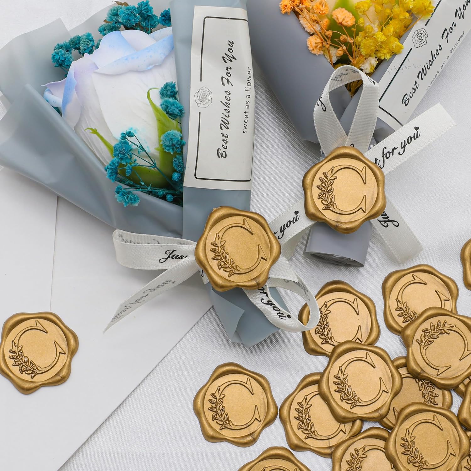 SWANGSA 100 Pack Letter C Wax Seal Stickers, Antique Gold Botanical Leaves Initial Alphabet Self-Adhesive, Wedding Party Invitation Envelope