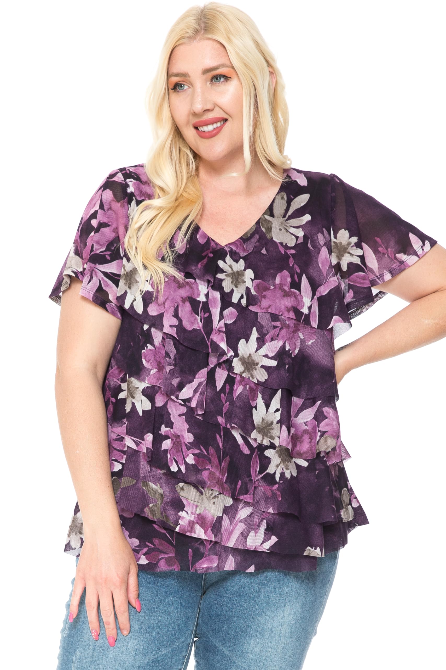 LEEBE Women and Plus Size Printed Mesh Ruffle Top (Small-5X)