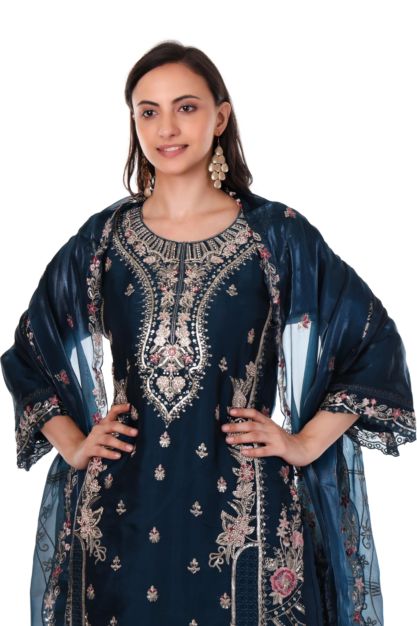 Pakistani Suit 3 Piece Set, Shimmer Royal Blue Tissue Jacquard, Siroski Embroidery Work, Party, XL Size