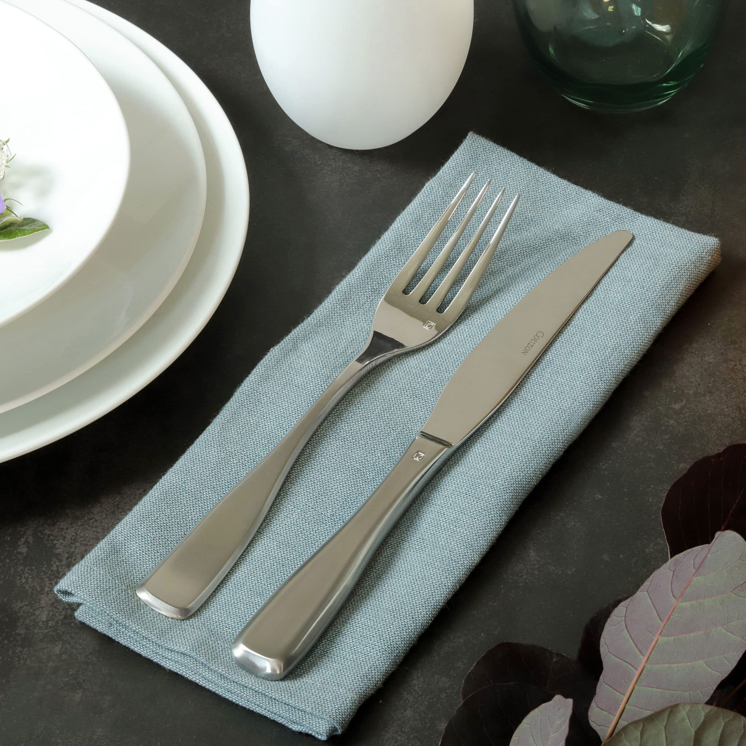 Couzon - Cubertería de 48 cubiertos de mesa para 12 personas en tronco de madera, acero inoxidable 18/10, acabado satinado, grosor 3,5 mm – acero inoxidable