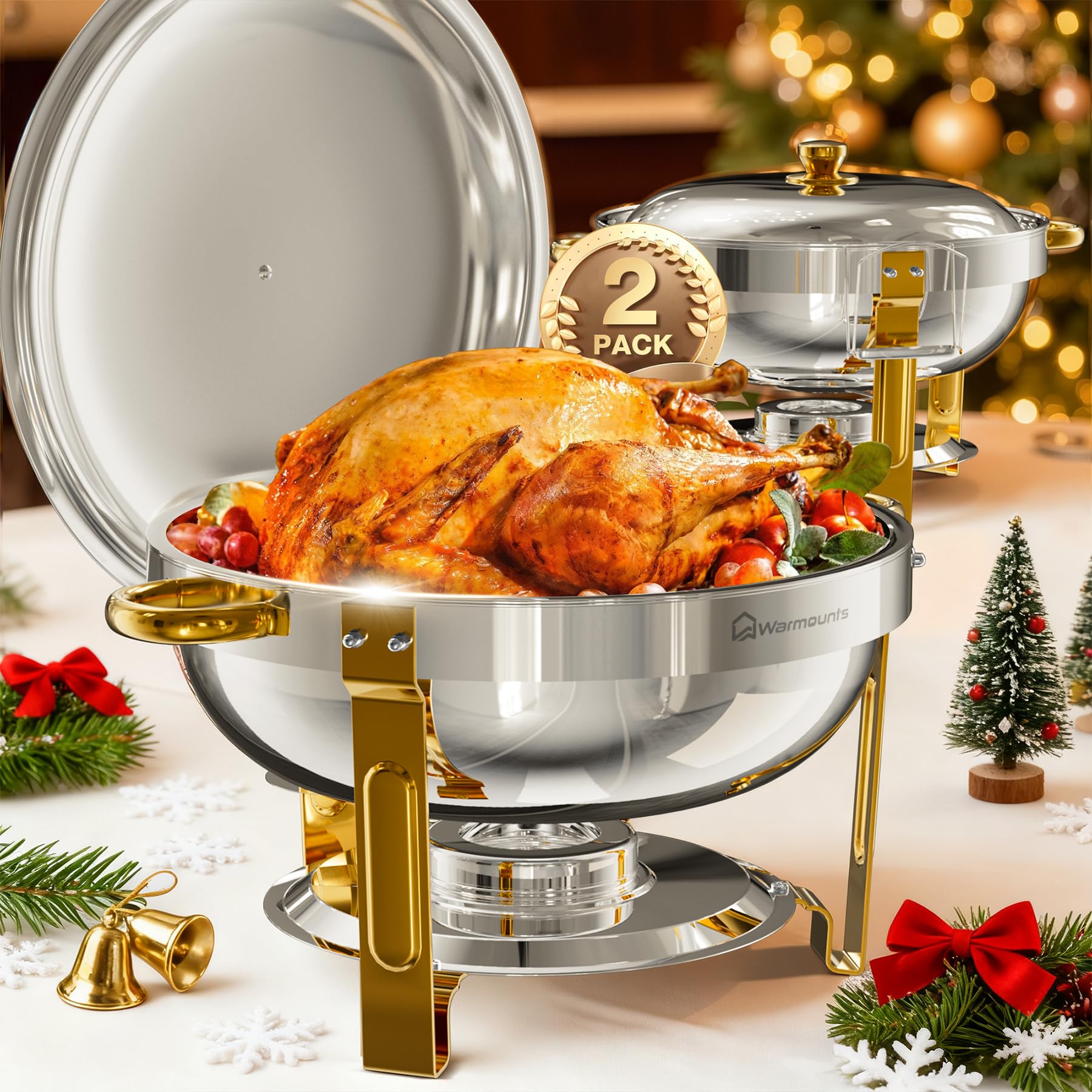 WARMOUNTS Gold Chafing Dishes for Buffet, 5QT Round Chafing Dish Buffet Set w/Lid Holder, Thickened Stainless Steel Chafers and Buffet Warmers Sets for Weddings, Events, Banquet (2)