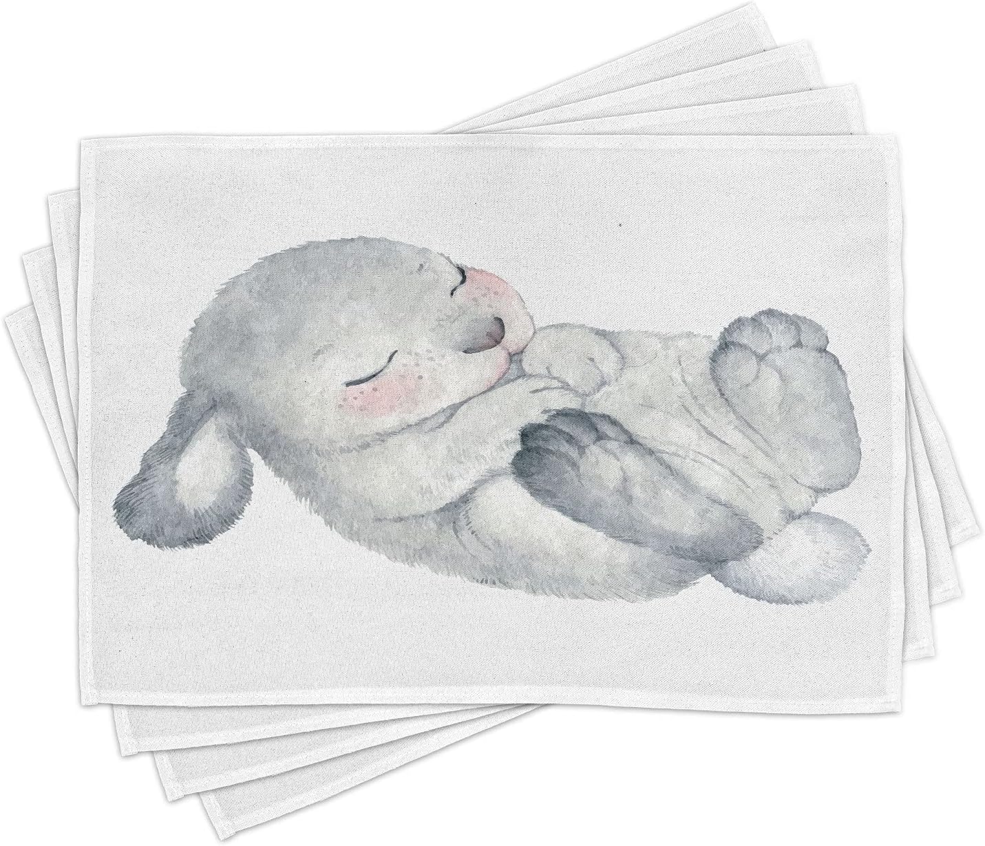 Lunarable Rabbit Place Mats Set of 4, Watercolor Sketch of Sleeping Single White Healthy Looking Easter Bunny, Washable Fabric Placemats for Dining Table, Standard Size, Green Rose