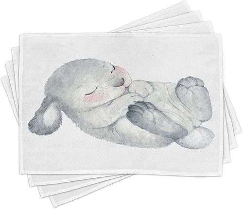 Lunarable Juego de 4 manteles individuales con diseño de conejo, diseño de acuarela, diseño de conejito de Pascua de aspecto saludable, manteles