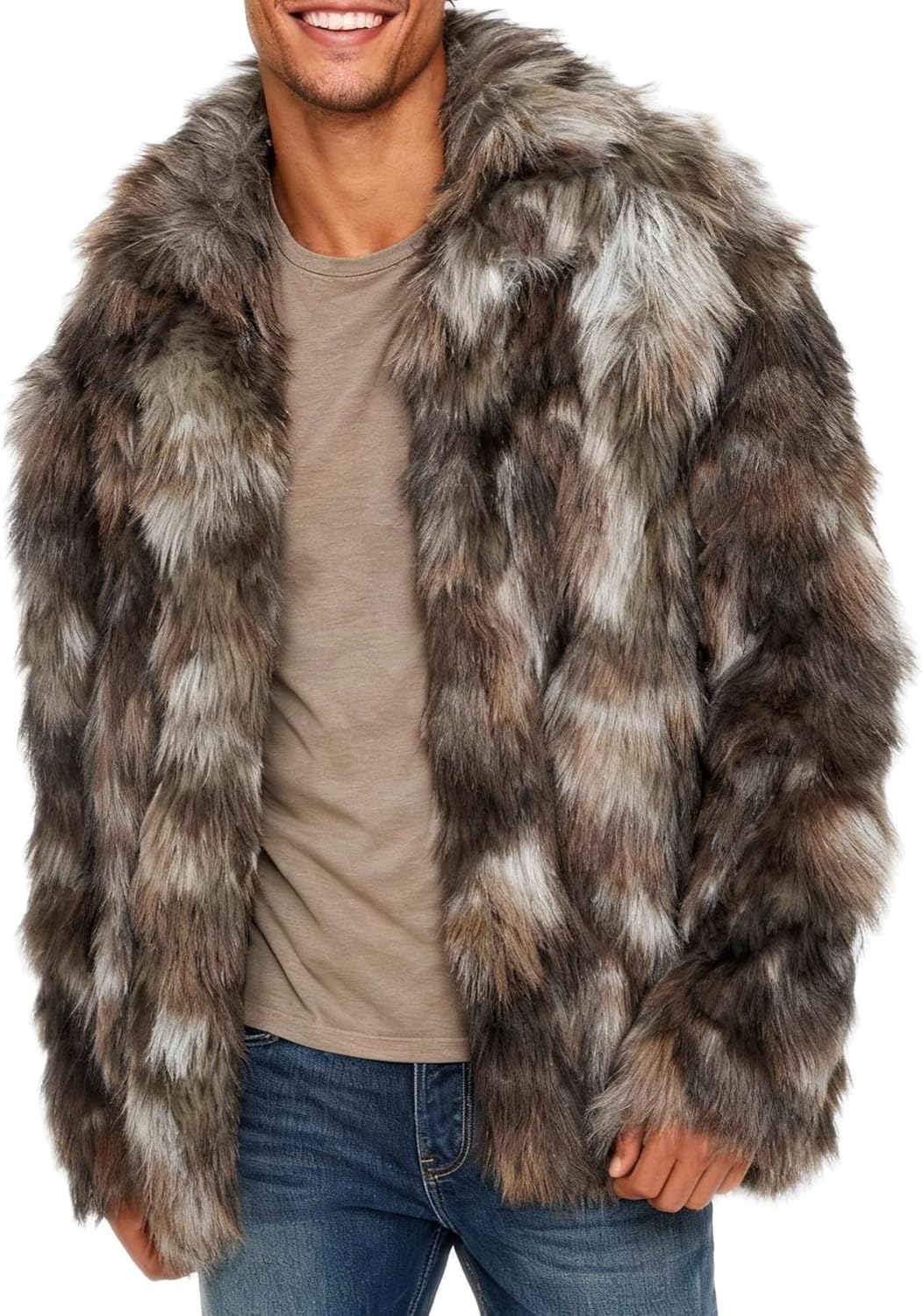 Men's Faux Fur Jacket Open-front Long Sleeve Winter Coat with Pockets