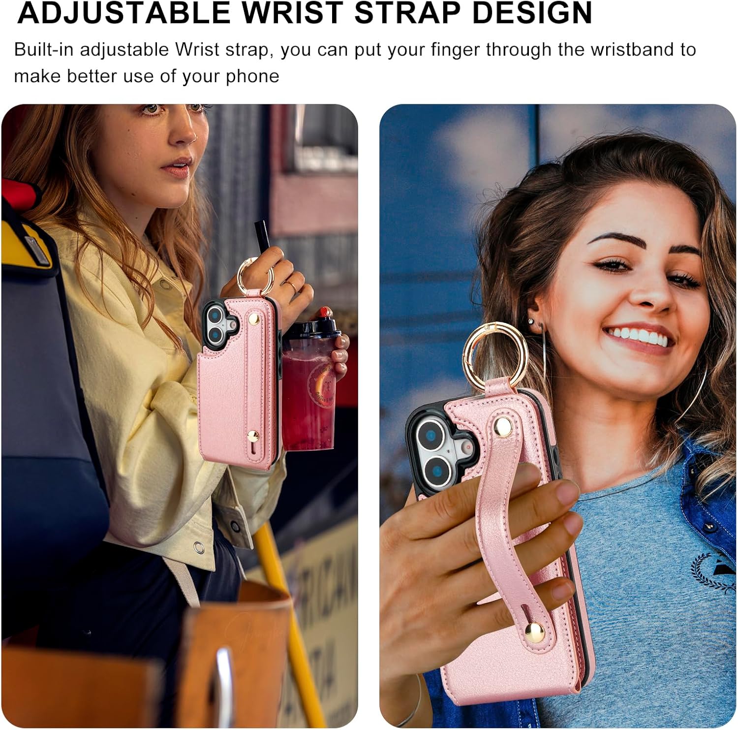Folosu Wallet Case with Card Holder for iPhone 17, Hand Wrist Strap Loop Holder Kickstand, RFID Blocking Finger Grip Ring PU Leather Double Buttons Shockproof Cover 6.3" Rose Gold