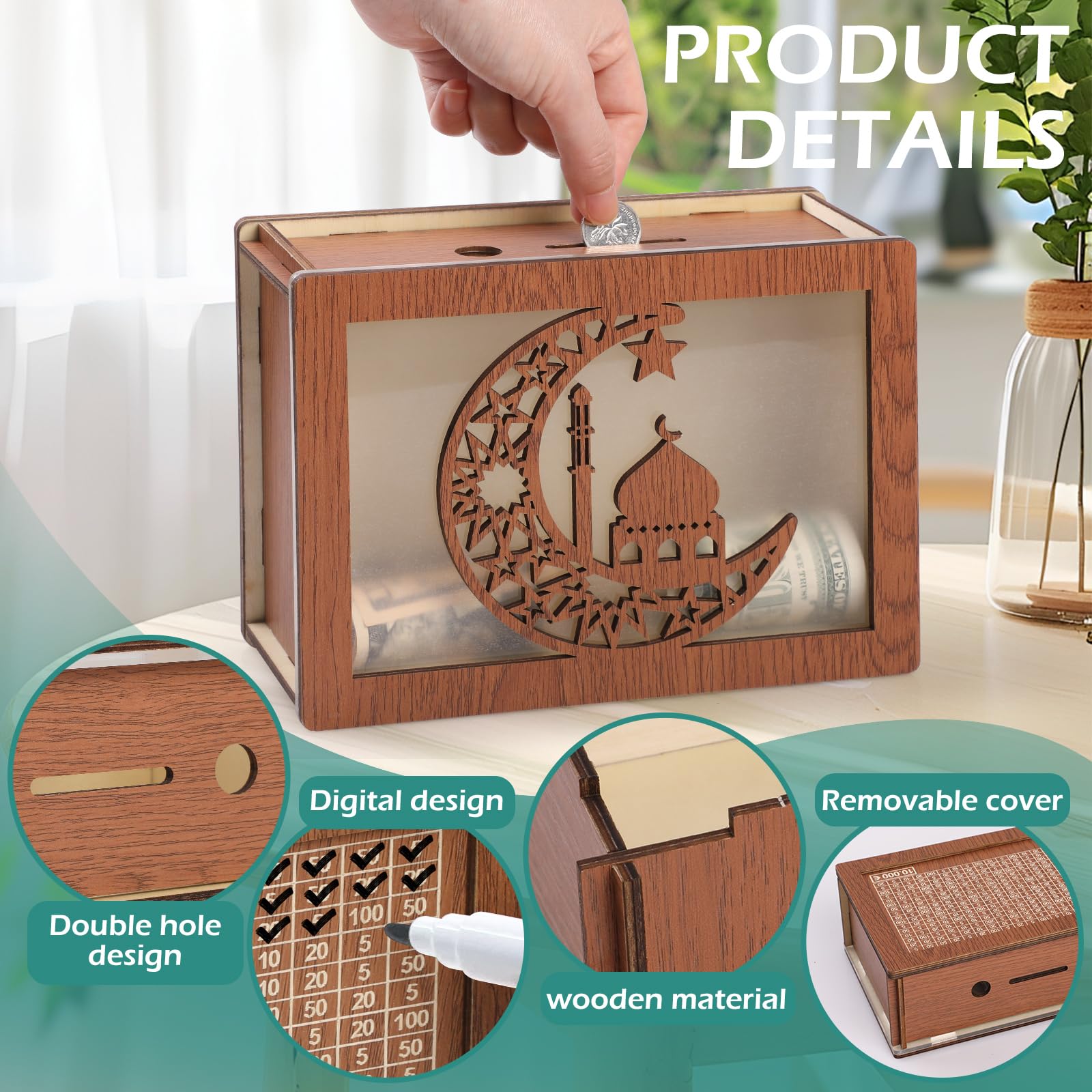 Salvadanaio In Legno Con Obiettivi Cancellabili - 10000€ Risparmio + Penna + 8 Adesivi - Per Bambini E Adulti - Foto 13