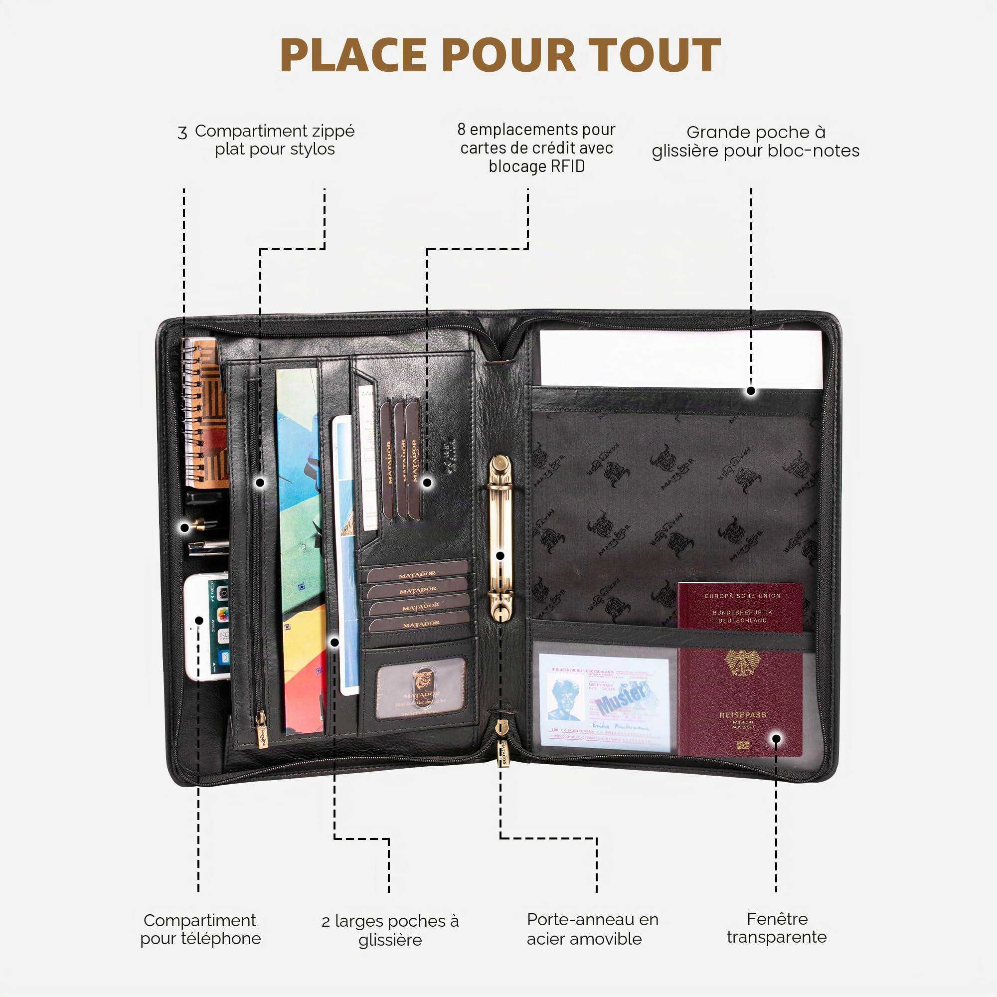 Matador Porte-documents cuir véritable A4 noir avec fermeture éclair poche tablette classeur à anneaux protection RFID