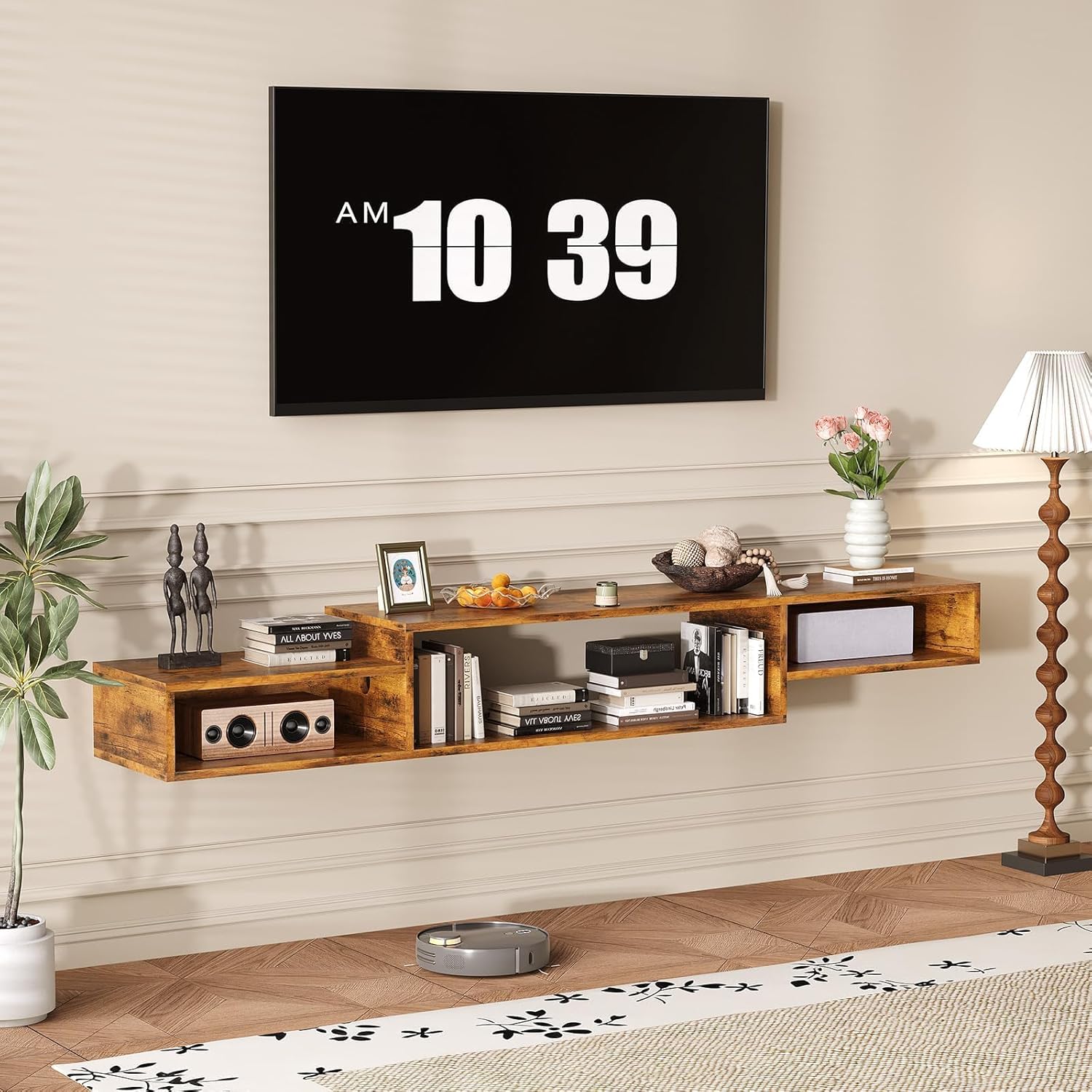 4 EVER WINNER Floating TV Shelf with LED Lights and Power Outlet, 59" TV Stand for Cable Box Audio Video, Floating Entertainment Center for Living Room, Bedroom, Rustic Brown