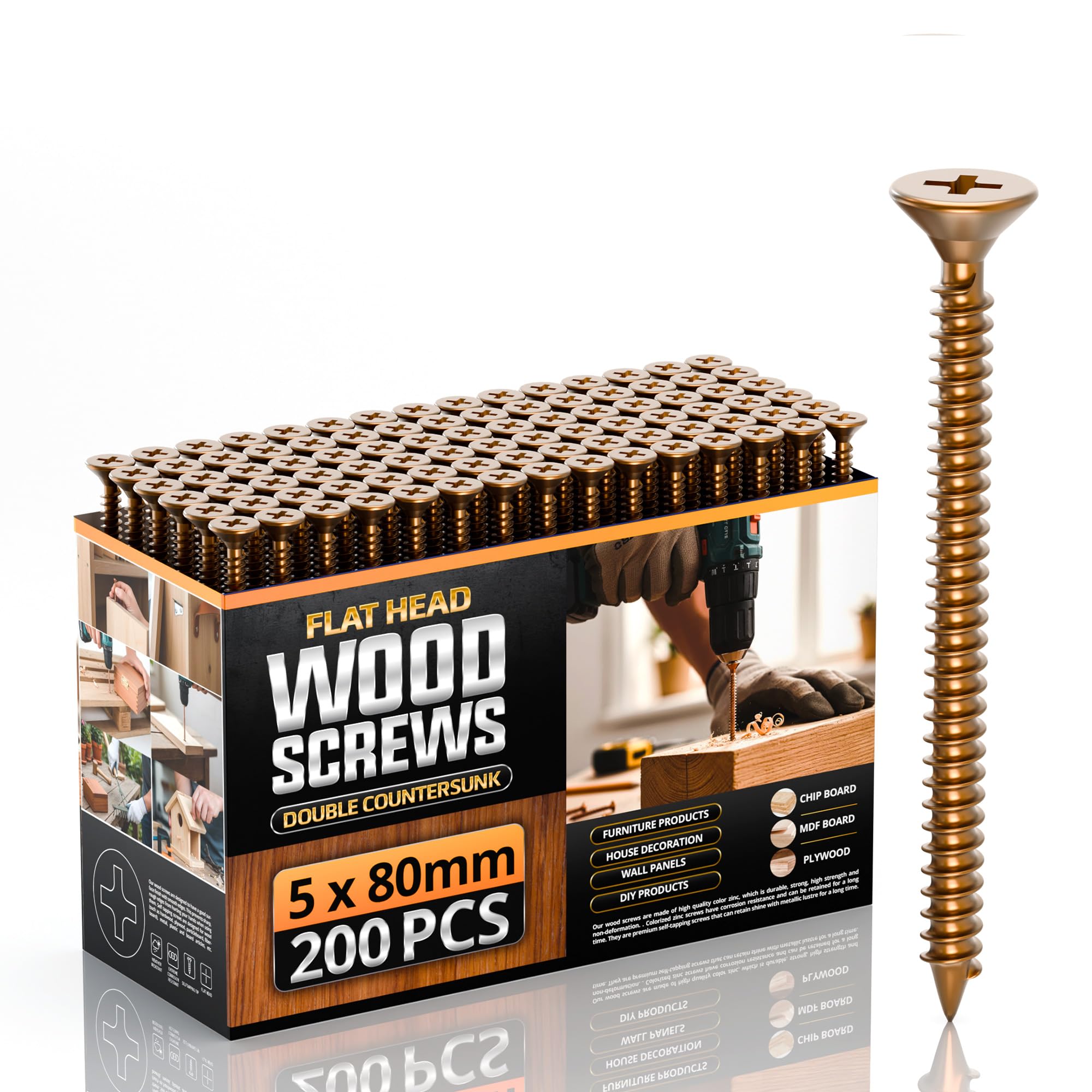 Ledsone 5 X 80Mm Multi Purpose Flat Head Wood Screws, 200Pcs, Zinc Galvanized Single Thread Wood Screws Kit, Self Tapping Assortment Ideal For Diy,Furniture Fix, And Repairs