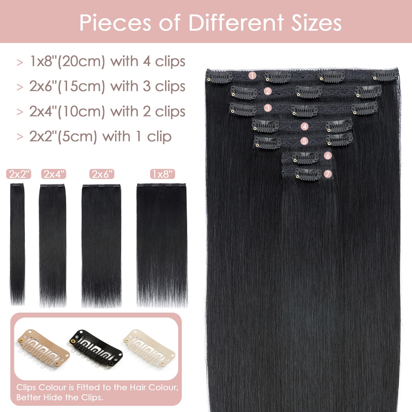 Silk-co Clip in Hair Extensions Real Human Hair Remy Double Weft With Lace Coverd Clip in Silky Straight Natural Thick Hair Seamless 7pcs 16Clips 100g Extension for Women 14Inch #01 Jet Black - Image 3