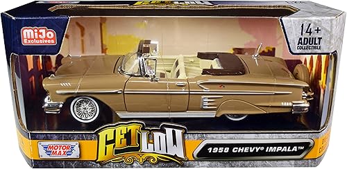 Toy Cars Motormax 79025 Chevrolet Impala Convertible Lowrider 1958 color marrón claro con interior crema Get Low Series 1/24 Modelo de automóvil
