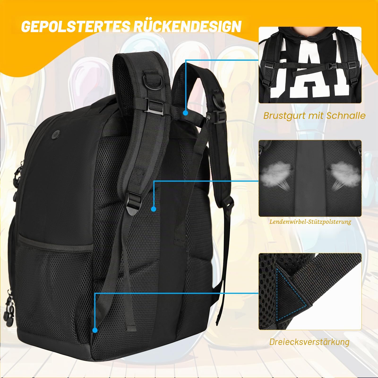 Bowling-Rucksack mit 2 Bällen, Bowlingball-Tasche mit Schuhfach und portektiver Schaumstoffpolsterung, passend für Schuhe bis Größe 44