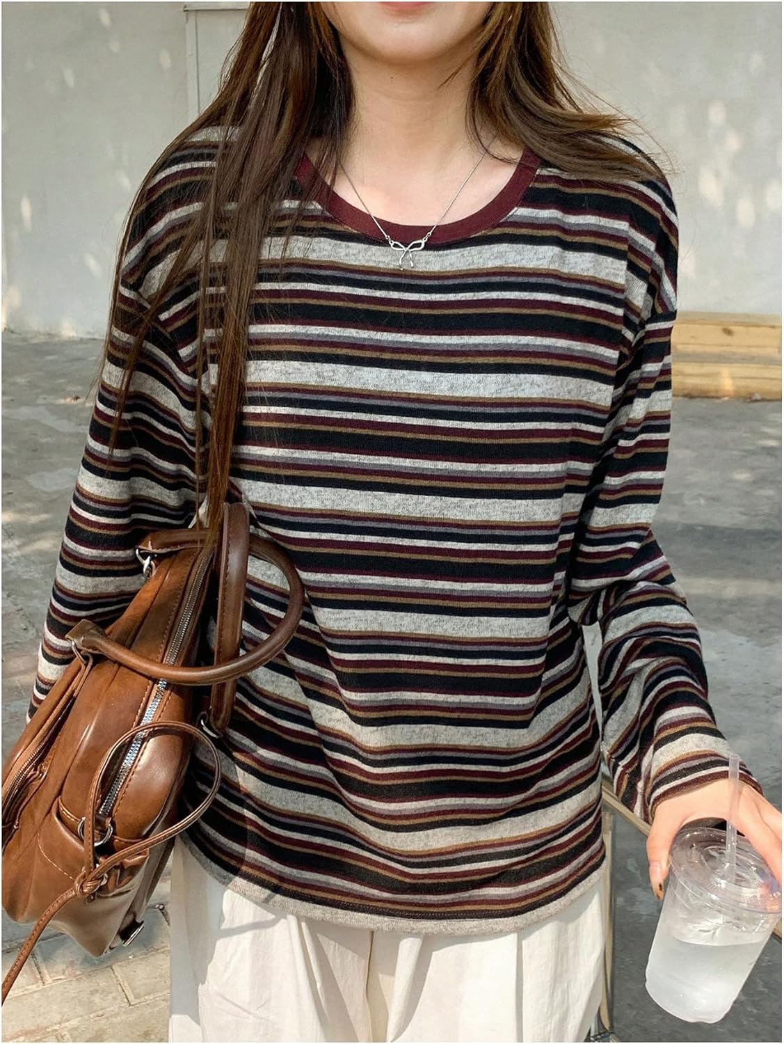 Women's Trendy Striped Long Sleeve T Shirts Casual Color Block Crew Neck Drop Shoulder Streetwear 2025 Fall Tops - Image 5