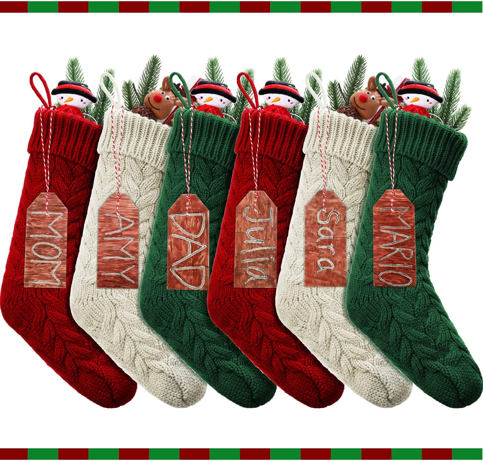 6 Pieces Knitted Stocking White Red Green Christmas Stocking Cable Knit Xmas Stocking and 15 Pieces Wooden Tags Small Wood Pieces Blank Unfinished Wood Cutout with Rope for Family Holiday Season Decor
