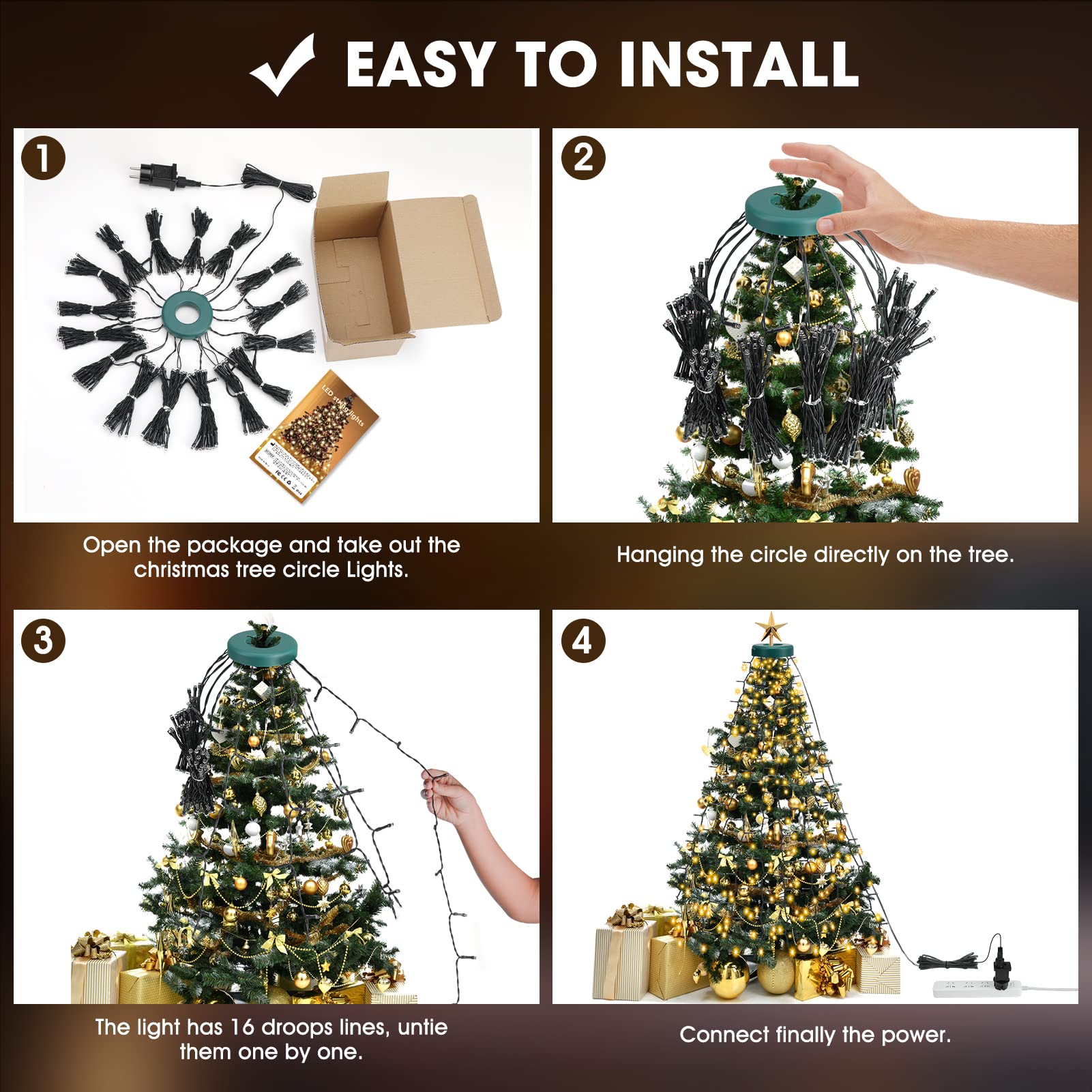 Isisyu Weihnachtsbaum Lichterkette 3m 480 LED - 16 Strang Christbaumbeleuchtung Mit Timer & 8 Modi
