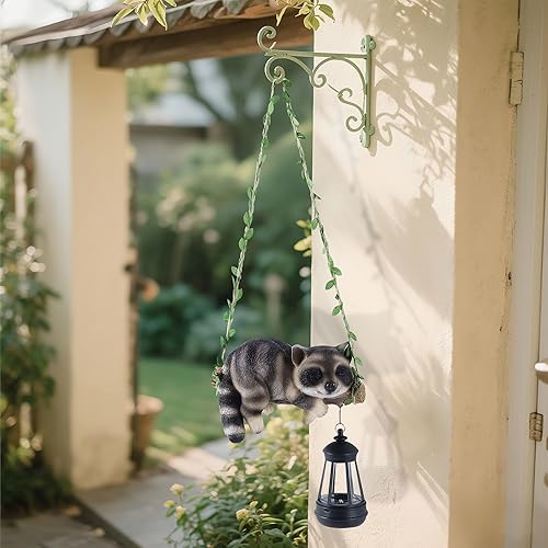 Miniatura 8 de Solar Lighted Garden Outdoor Statue, 20.1" H Hanging Swing Lying with A Sleeping Raccoon and A LED Lantern, Resin Animal Figurine Hanging Ornaments