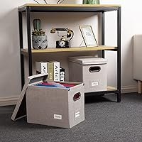 Vista 3 de PRANDOM File Organizer Box - Set of 2 Collapsible Decorative Linen Filing Storage Hanging File Folders with Lids Office Cabinet Letter Size Light