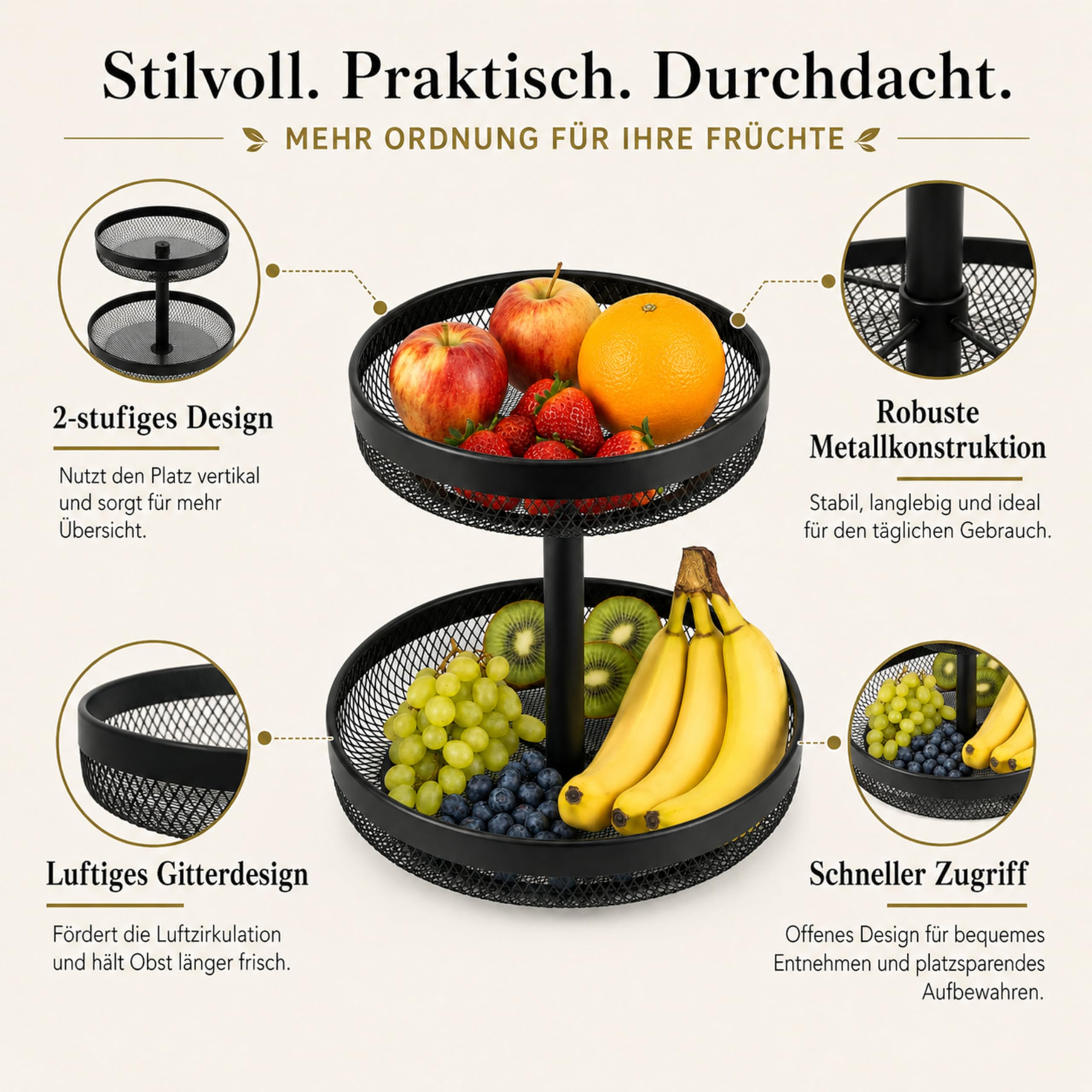 URMONA 2-stöckiger Obstkorb, runde Obstschale aus Metall für Küche, Schwarz | Platzsparender Brotkorb und Snack Organizer für Obst, Gemüse und Gebäck auf Arbeitsplatte, Esstisch oder im Wohnzimmer