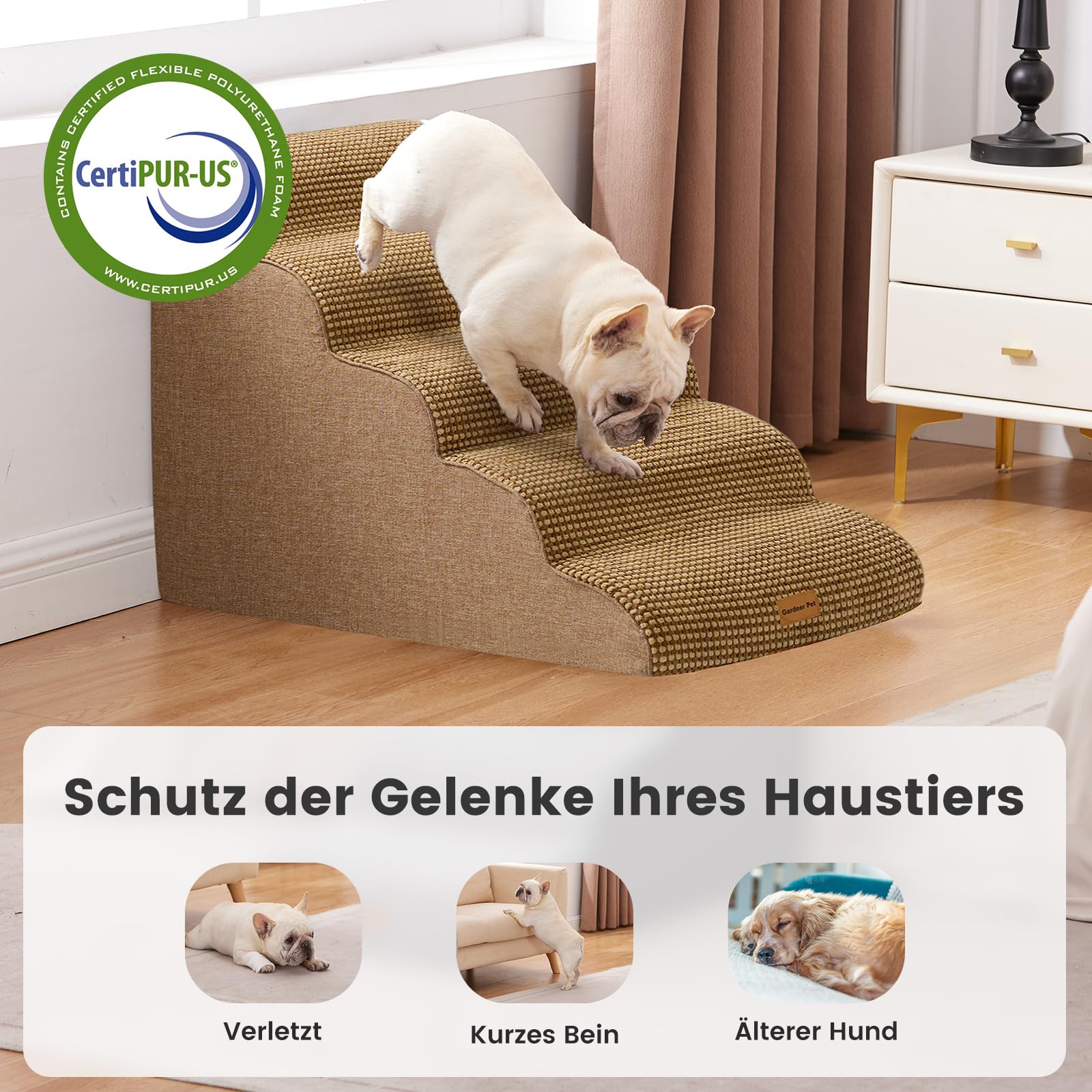 Gardner Pet Hundetreppe 5 Stufen, Waschbarer Hundetreppe 55cm Hoch, rutschfeste Haustiertreppe für Kleine Hunde, Tragbar Hunderampe Katzentreppe aus hochdichtem Schaumstoff für Sofa Bett
