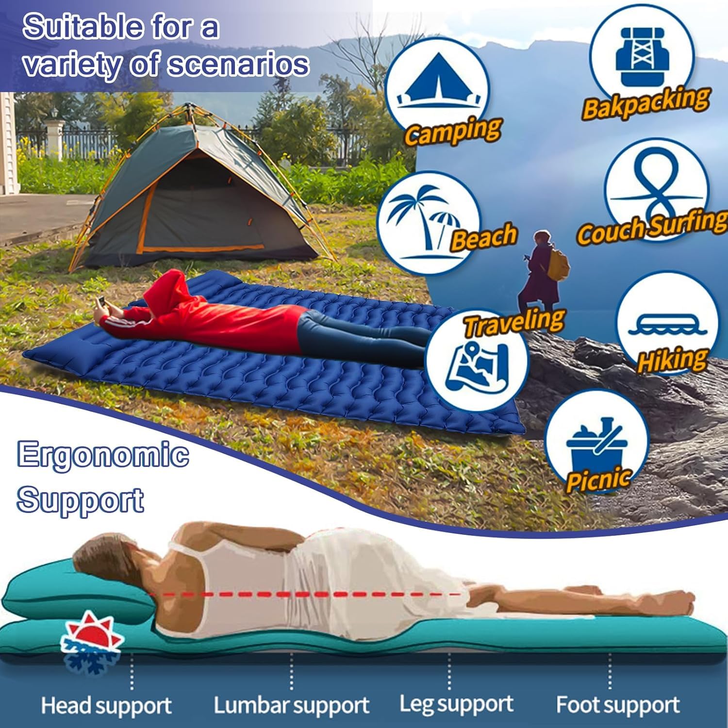 Matelas de Camping de 12 cm d'épaisseur, Ultraléger Matelas Gonflable Camping Pliable avec Oreiller & Pompe à Pied, Matelas Autogonflant Tapis de Camping pour Camping Tente Randonnée, Bleu