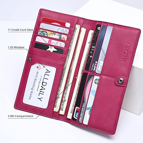 Miniatura 3 de Alldaily Ultra Delgado Fina Cartera para Mujer Bloqueo RFID Titular de Tarjetas de Crédito Bifold Largo Billfold Damas, Fucsia púrpura, Minimalista