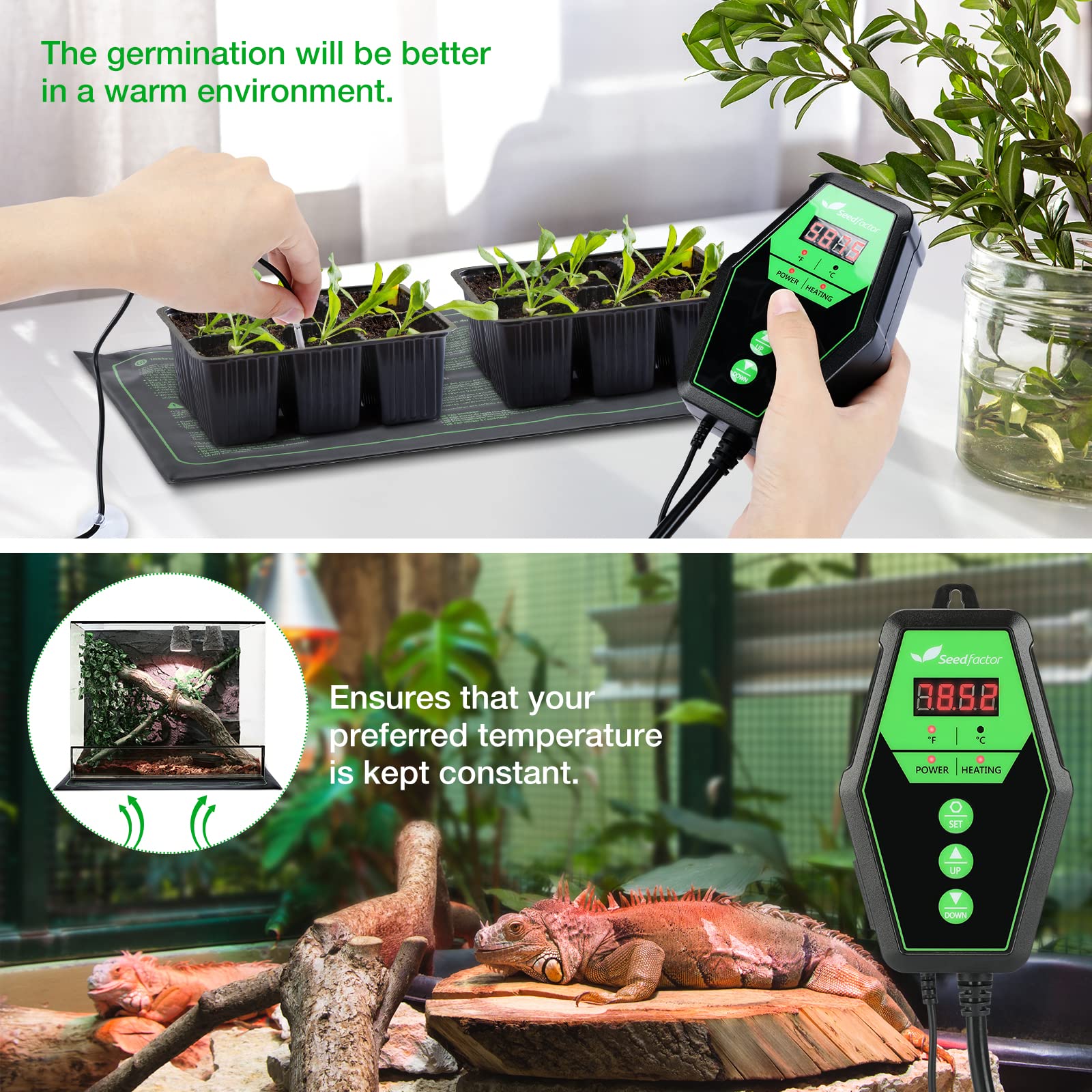 Seedfactor Digital Heat Mat Thermostat Controller for Seed Germination, Reptiles and Brewing Breeding Incubation Greenhouse, 40-108°F, 8.3A 1000W FCC-Certified, UL-Listed - image 2