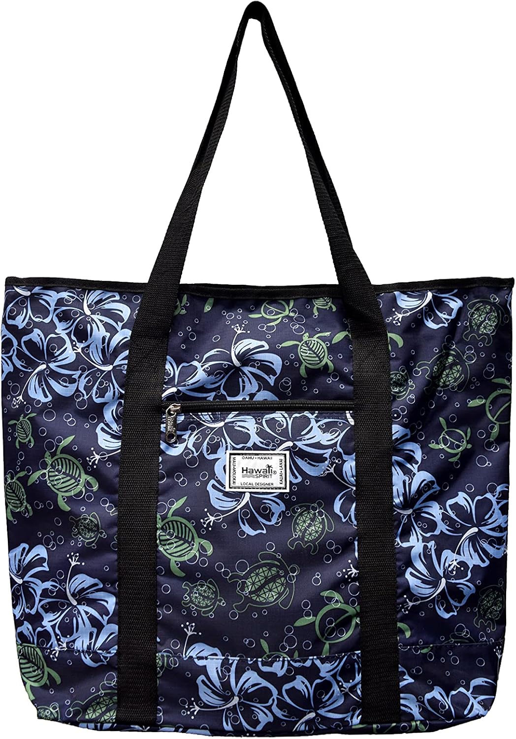 Hawaiian Print Large Zipper Tote Bag 8006 (Honu Family - Navy)