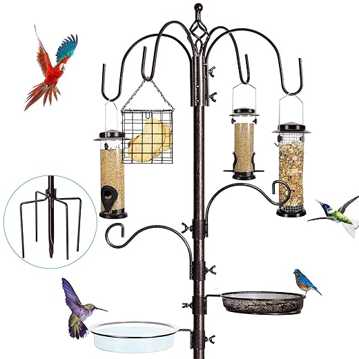 6-Hook Bird Feeding Station Kit, Wild Bird Feeder Stand Pole, Multi-Feeder Kit Stand with 4 Feeders, Bird Bath and Mesh Tray, 94 Inch