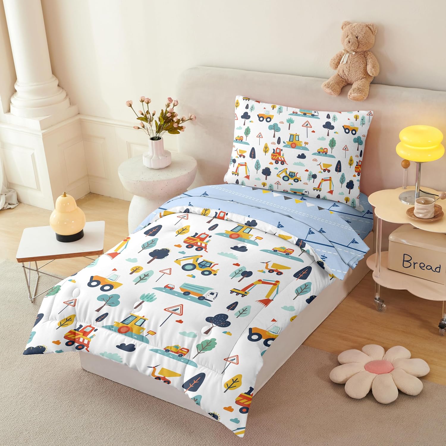 4-Piece Toddler Comforter Set for Boys,Construction Excavator Bedding Comforter Set Equipment Trucks Car Sheet Set,Ultra Soft and Fluffy,Cartoon Truck Cars Bedding