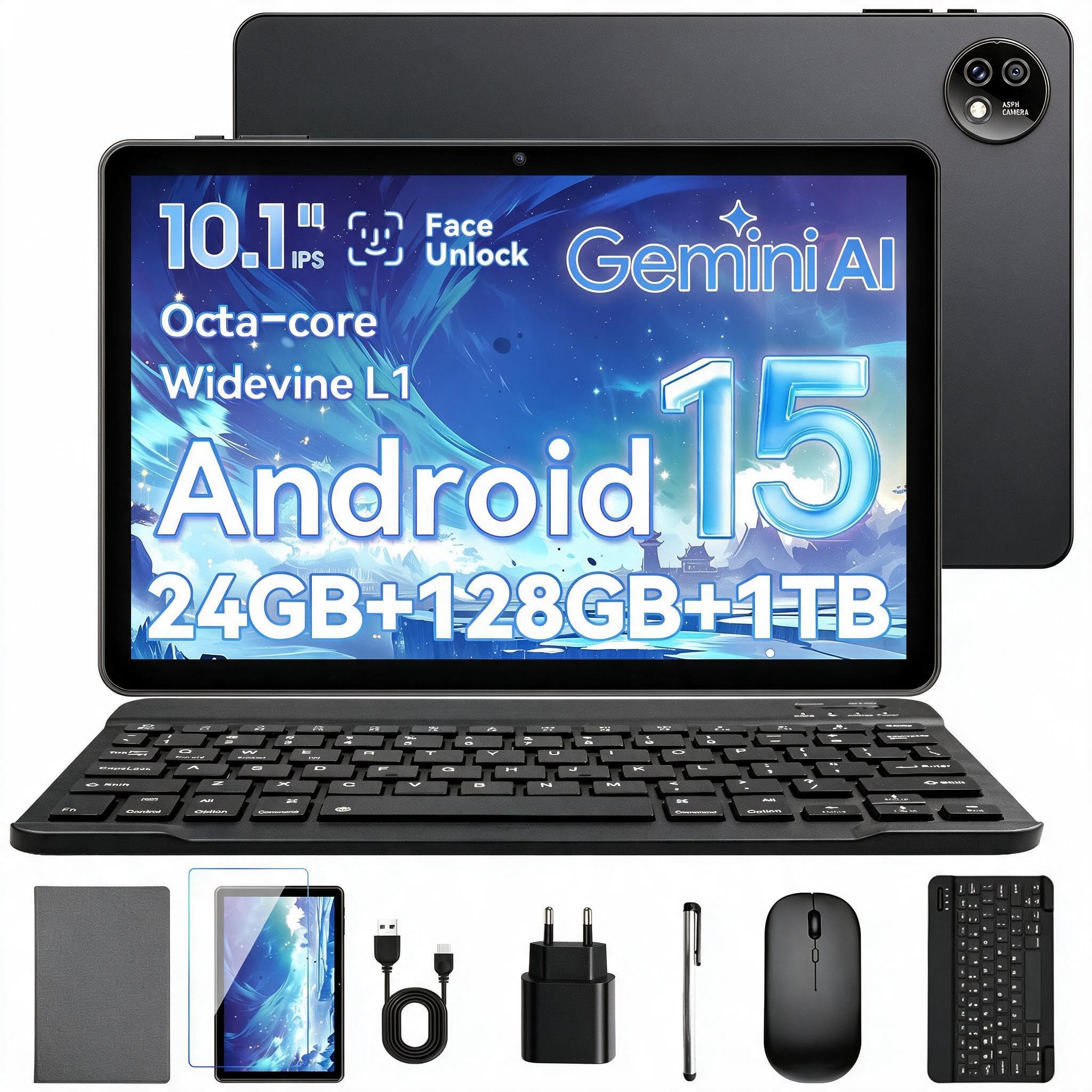 10 inch android15 tablet: 24gb ram + 128gb rom (up to 1tb) octa-core processor, ips hd display with 1280 x 800 pixels, 5mp and 8mp camera, 6000mah battery, keyboard, mouse, widevine l1 (black)