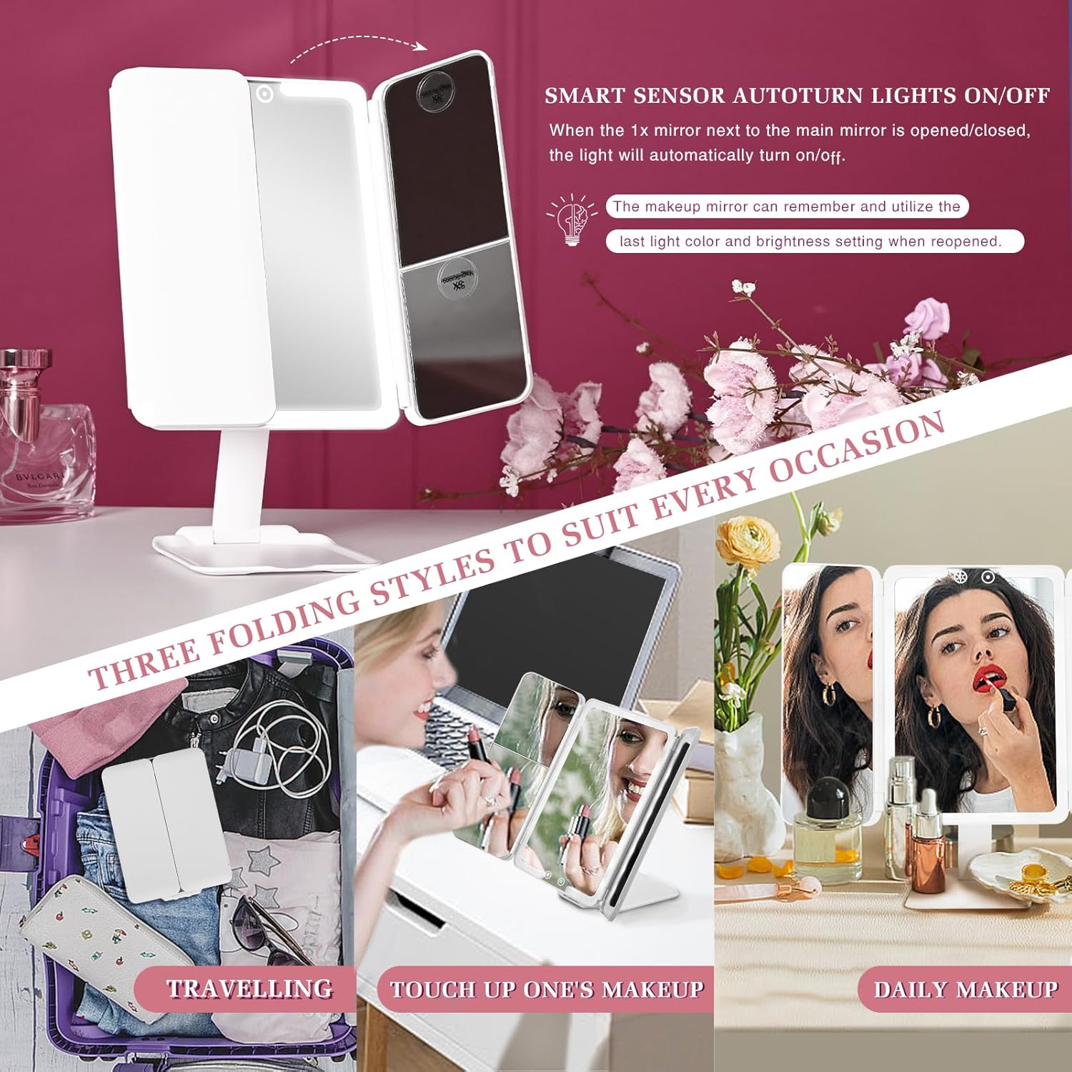 Travel Makeup Mirror with Lights, 1x/3x/5x Trifold Lighted Makeup Mirror with Magnification, Vanity Mirror with Lights, LED Portable Mirror for Desk with 3 Color Lights and Touch Sensor Design, White