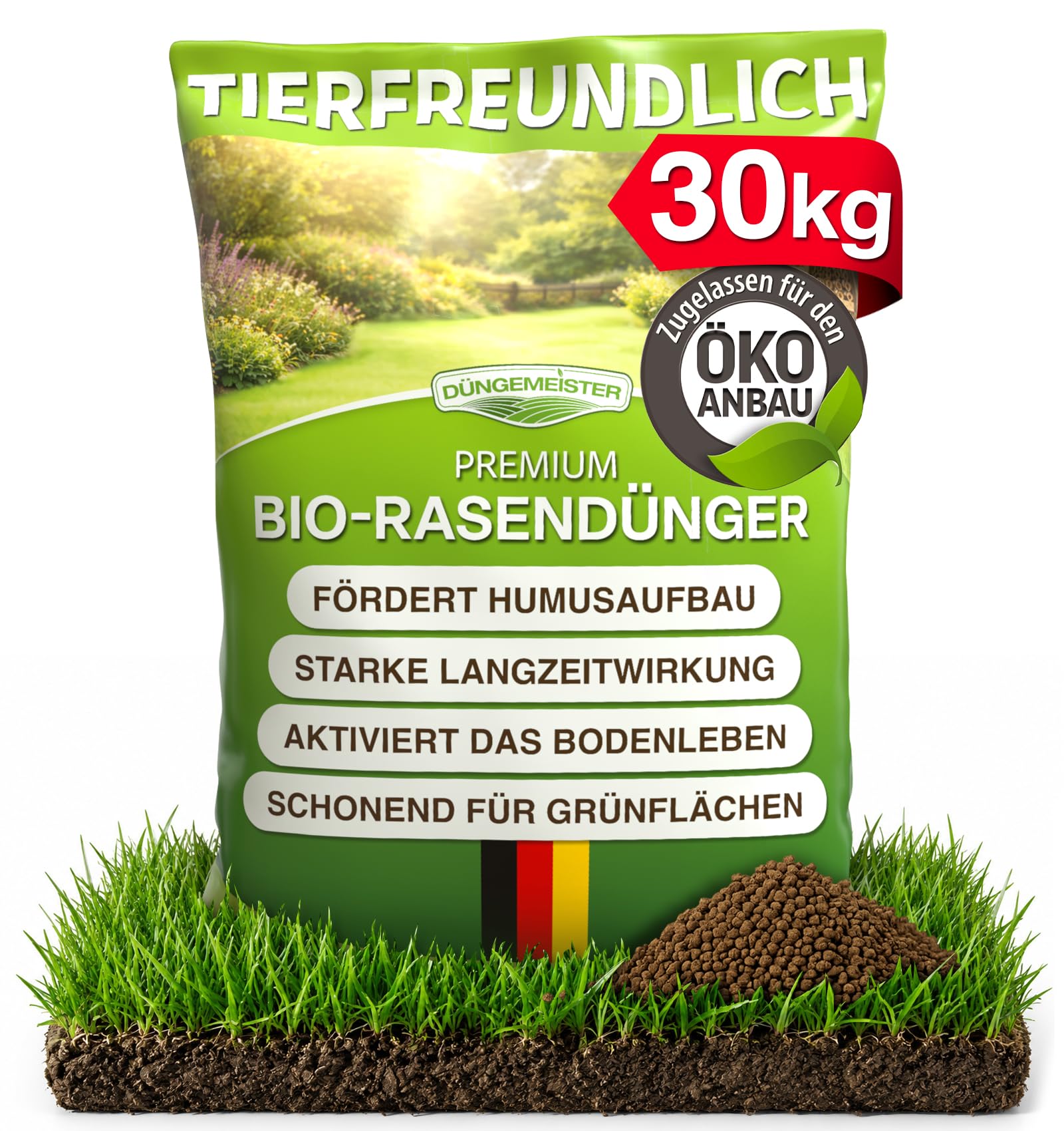 Bio Rasendünger Natur Aktiv - schneller Humusaufbau, starke Langzeitwirkung, aktiviert müde und ausgelaugte Böden, heilt Rasenlücken, kein Rasenfilz - Premium Rasen Dünger (30,3kg)