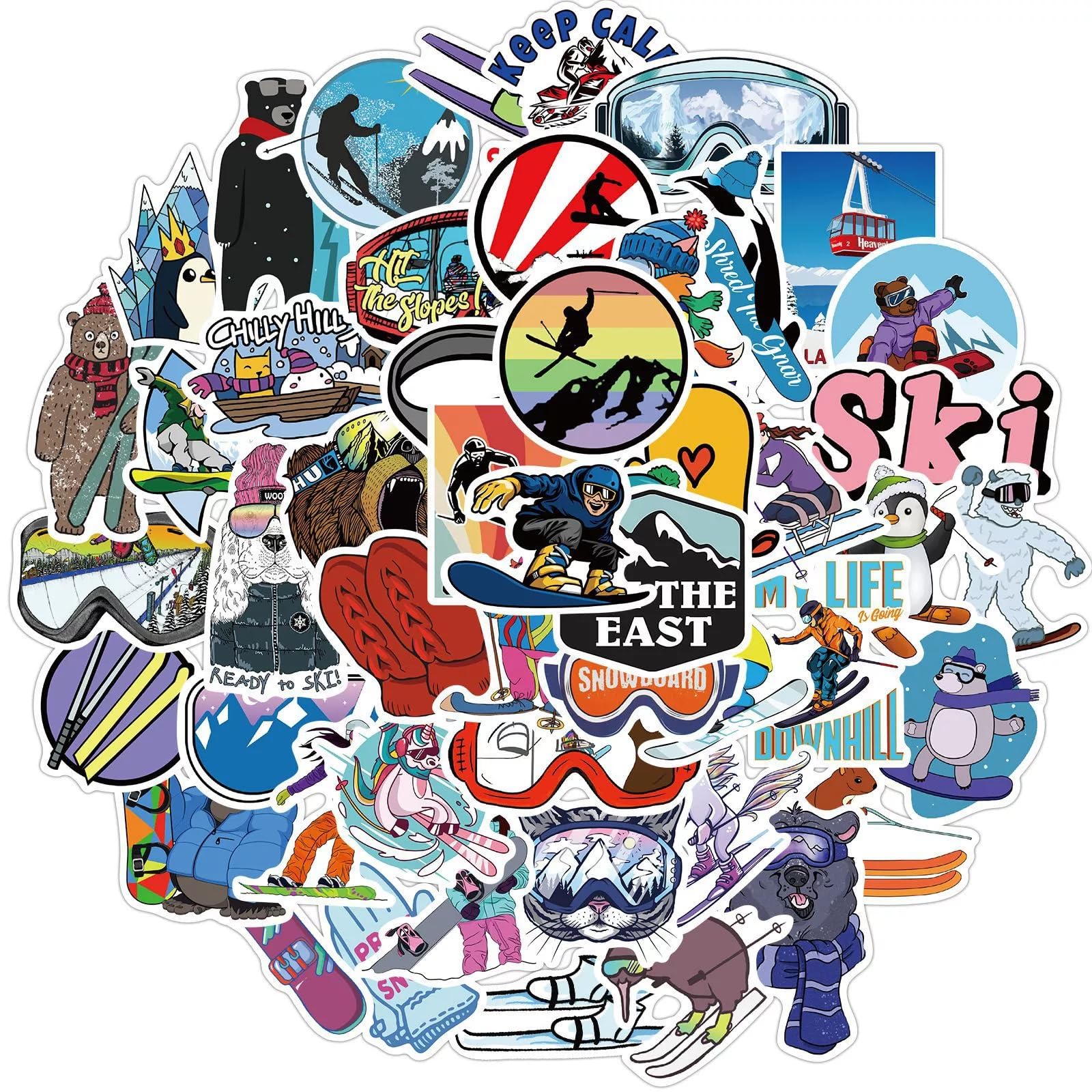 Ski Aufkleber Skifahren Stickers 50 Stück Skateboard Graffiti Aufkleber Motorräder Fahrrad Snowboard Gepäck Laptop Auto Koffer für Kinder und Jugendliche Wasserdichte Vinyl Decals