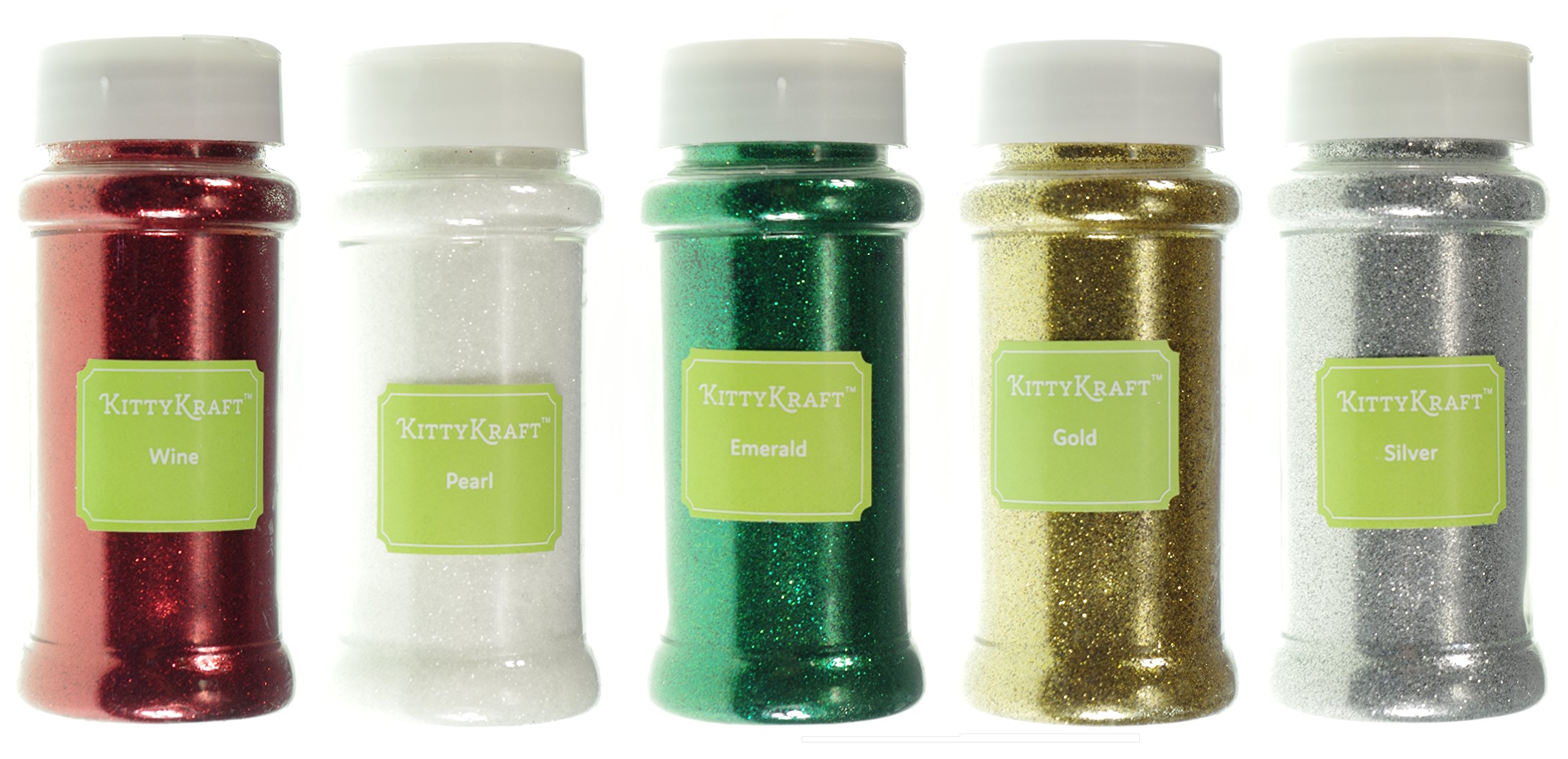 KittyKraft 5 Piece Extra Fine Glitter Set (Holiday Collection)- Includes Red, White, Green, Gold, and Silver Glitter - Perfect for Christmas and Holiday Crafts